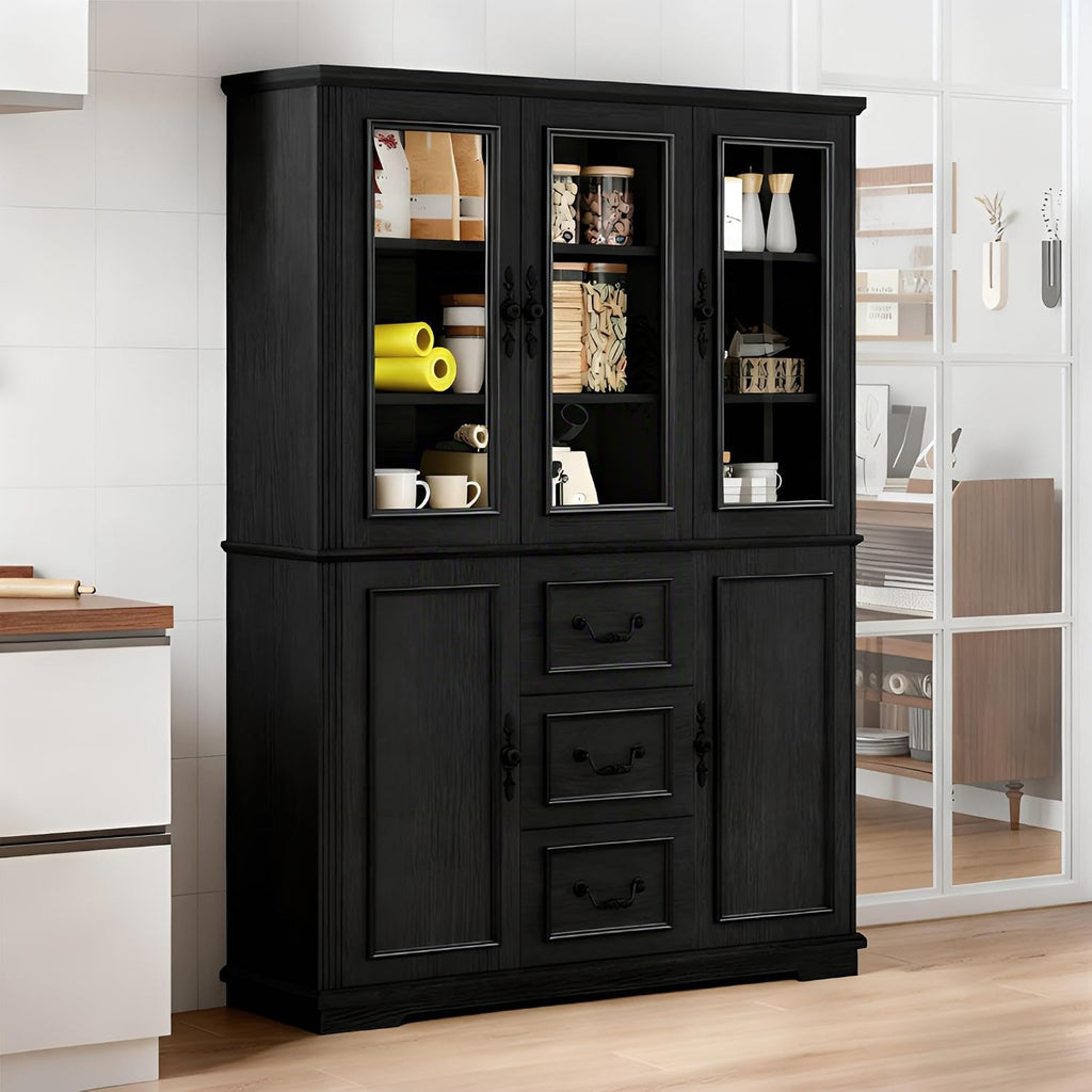 YITAHOME 71' H x 47' W Kitchen Pantry with 3 Drawers, Large Storage Cabinet with 3 Glass Doors & Adjustable Shelves, Freestanding Tall Display China Cabinet for Living & Dining Room, Black