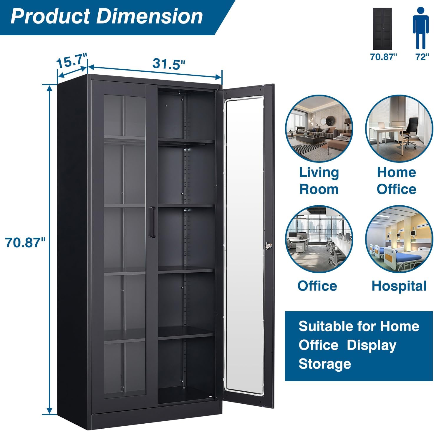 PEUKC Display Cabinet with Glass Doors, 71 Inches Metal Curio Storage Cabinets with 4 Adjustable Shelves, Locking Glass Cabinet Display Case for Home, Office, Clinic, Pantry (Black)