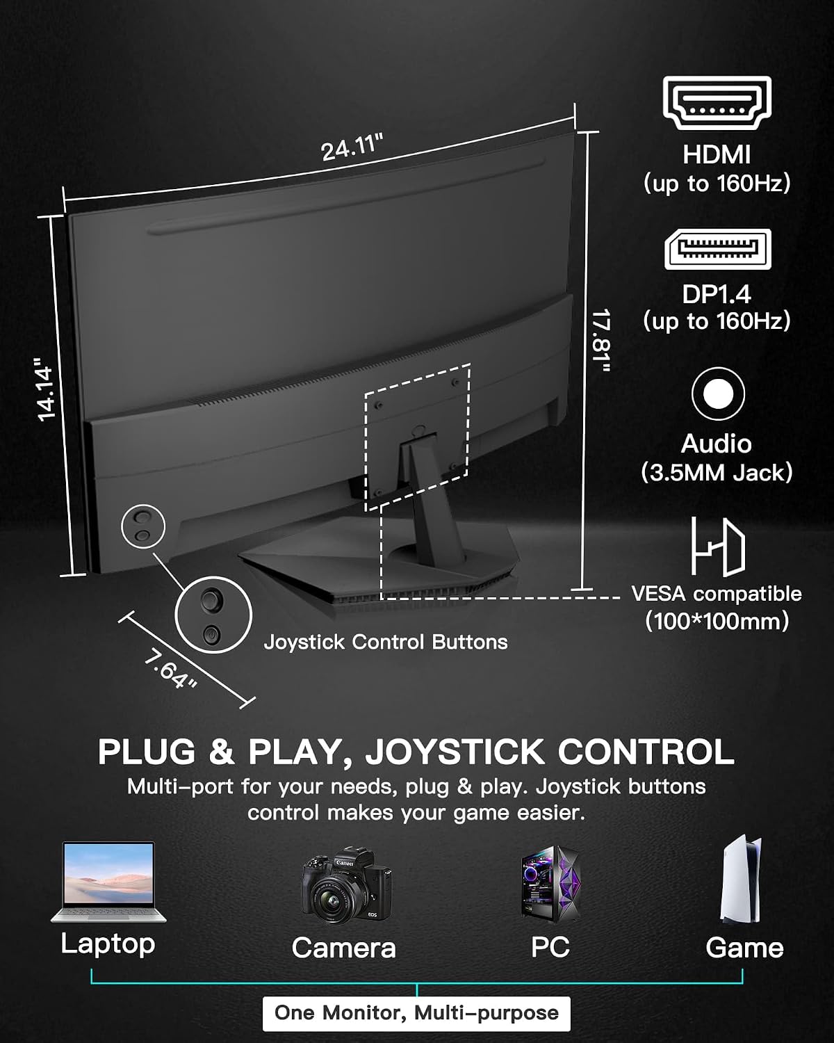 SANSUI 27 Inch Curved 160Hz Gaming Monitor, 1500R Curved Computer Gaming Monitor FHD 1080P, 4000:1, 110% sRGB, FPS/RTS, 1Ms MPRT|FreeSync|HDR|Low Blue Light|HDMI DP| VESA Support, HDMI Cable Incl.