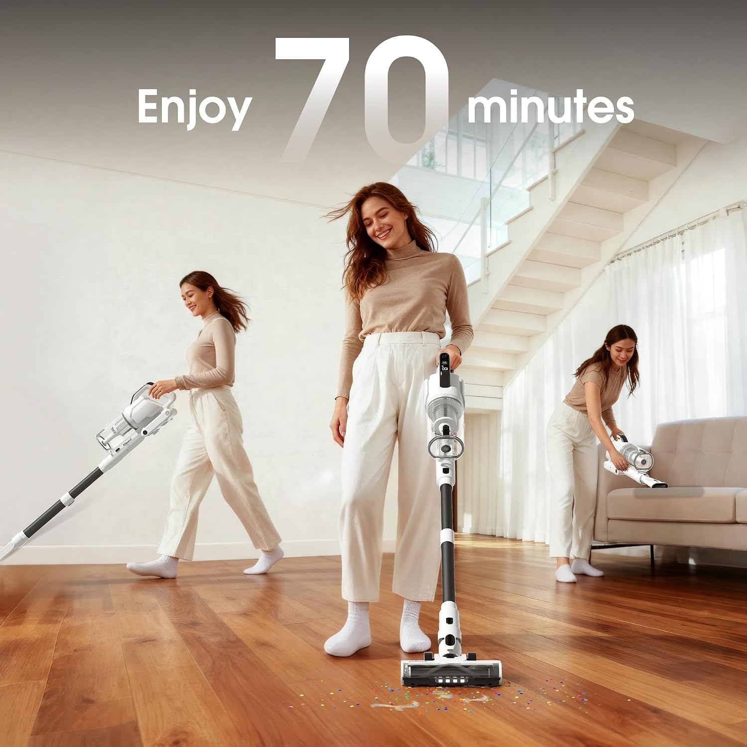 Cordless Vacuum Cleaner, 600W 50KPA 70Mins Runtime Fast Charging Vacuum Cleaner, Self-Standing LED Light Touch Screen Stick Vacuum for Home Light Weight,for Pet Hair/Carpet/Floor, White