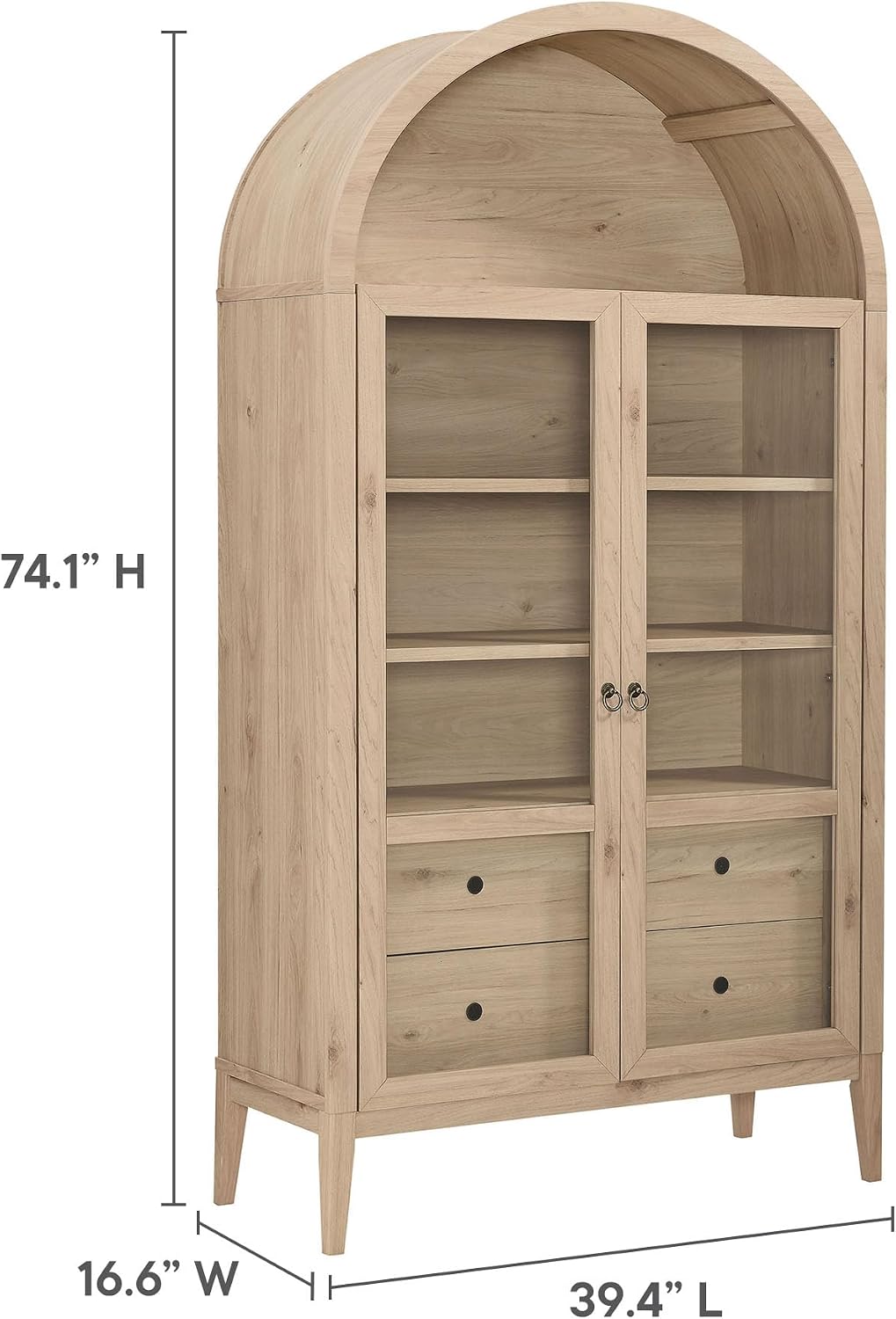 Modway Nolan Tall Arched Storage Display Cabinet in Light Oak - 74 Inch Arch Bookshelf with Glass Doors, Shelves and Drawers - Modern Accent Cabinet for Living Room, Dining Room