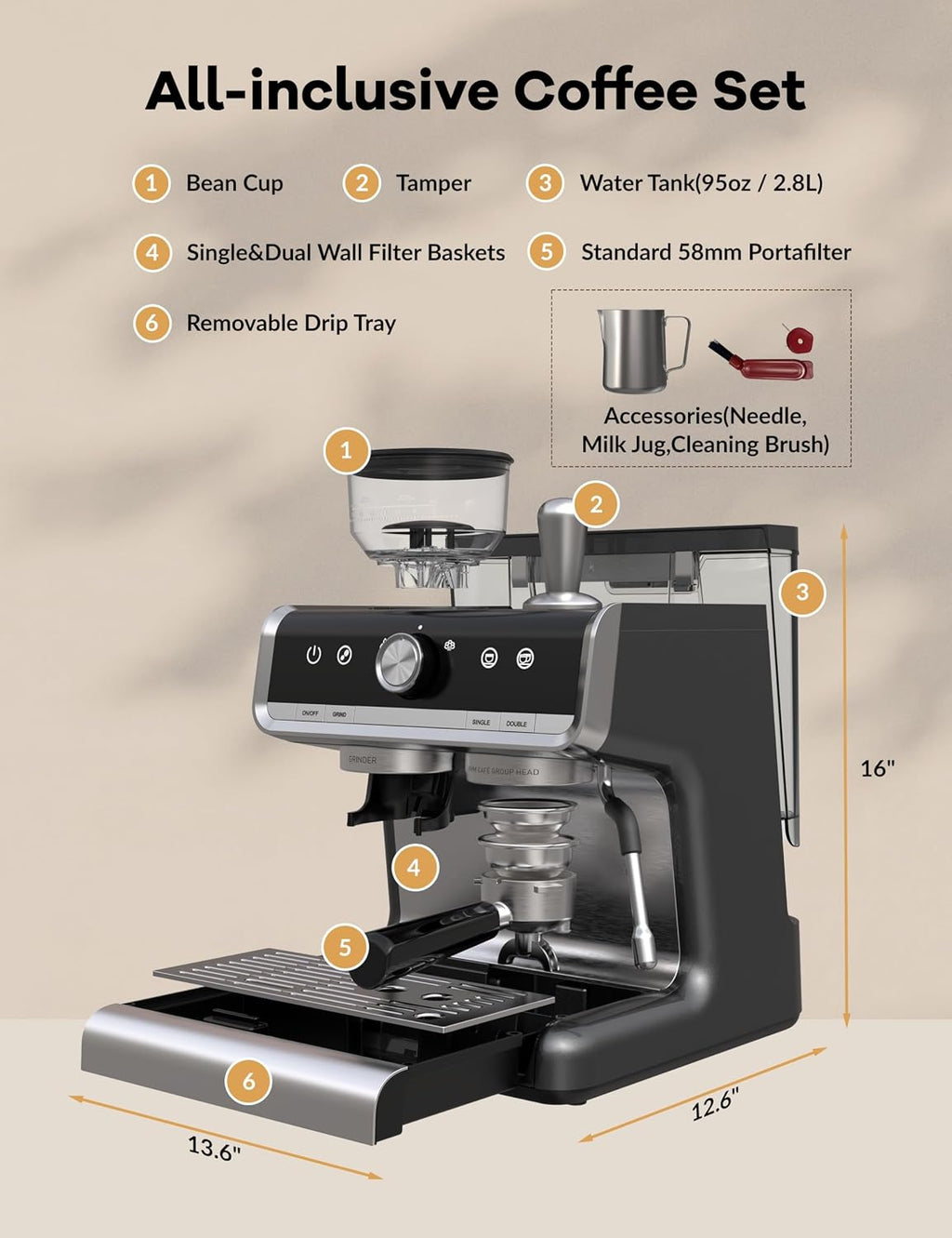 GarveeHome Espresso Machine With Grinder, 20 Bar Semi-Automatic Espresso Coffee Maker With Milk Frother Steamer Wand Cappuccino Latte Macchiato, 95 oz Water Tank, PID Temperature Control, Dark Gray
