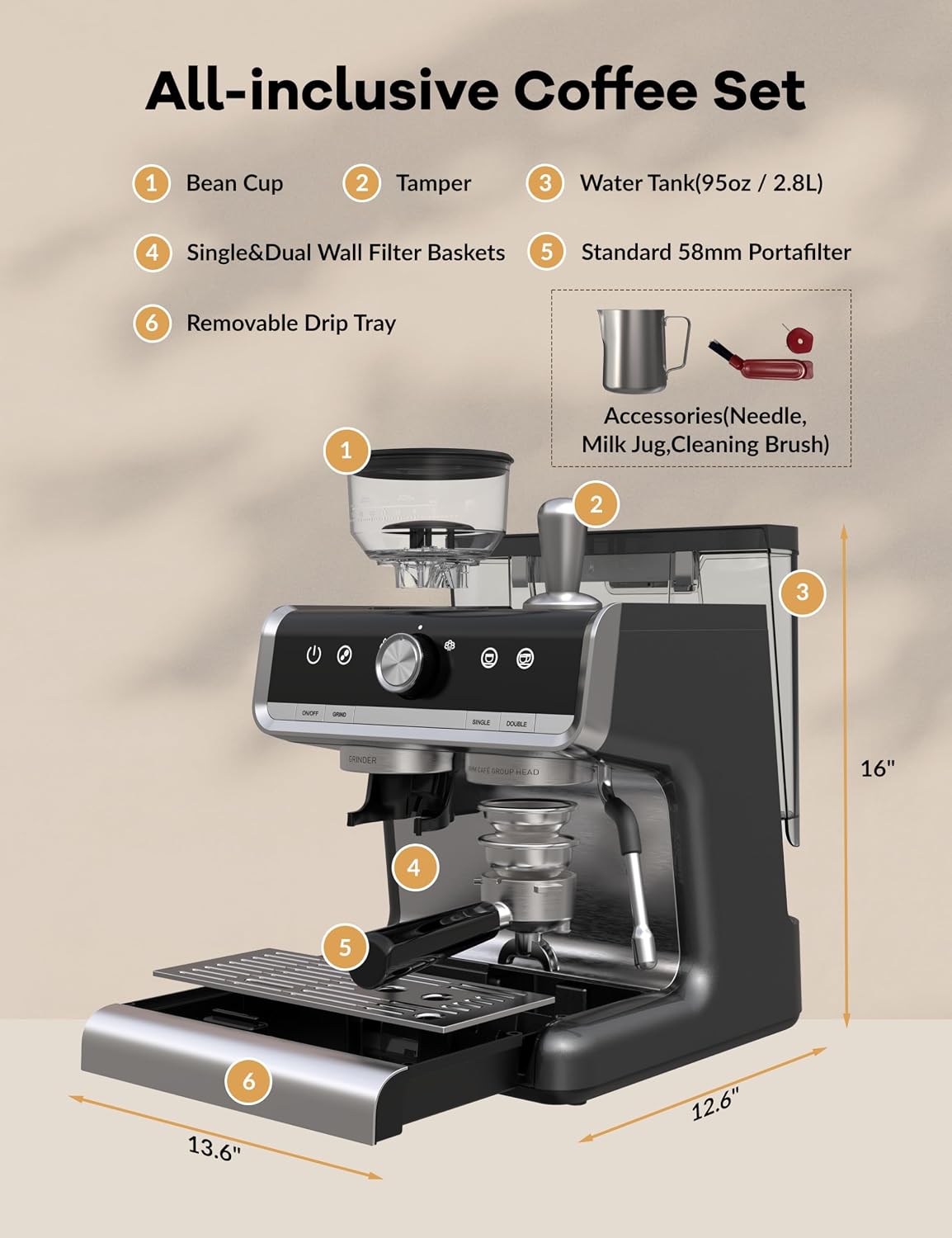 GarveeHome Espresso Machine With Grinder, 20 Bar Semi-Automatic Espresso Coffee Maker With Milk Frother Steamer Wand Cappuccino Latte Macchiato, 95 oz Water Tank, Pid Temperature Control-Dark Gray