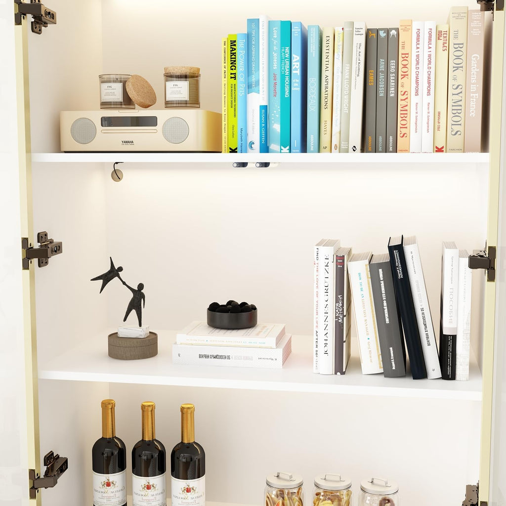 Display Cabinet with Glass Doors and Lights, Glass Display Cabinet with 4-Tier Storage Shelves, Pop-up Design, Trophy Case White and Champagne Gold (31.5'W x 15.7'D x 63'H)