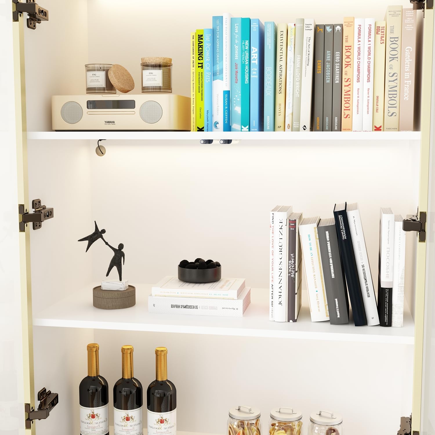 Display Cabinet with Glass Doors and Lights, Glass Display Cabinet with 4-Tier Storage Shelves, Pop-up Design, Trophy Case White and Champagne Gold (31.5'W x 15.7'D x 63'H)