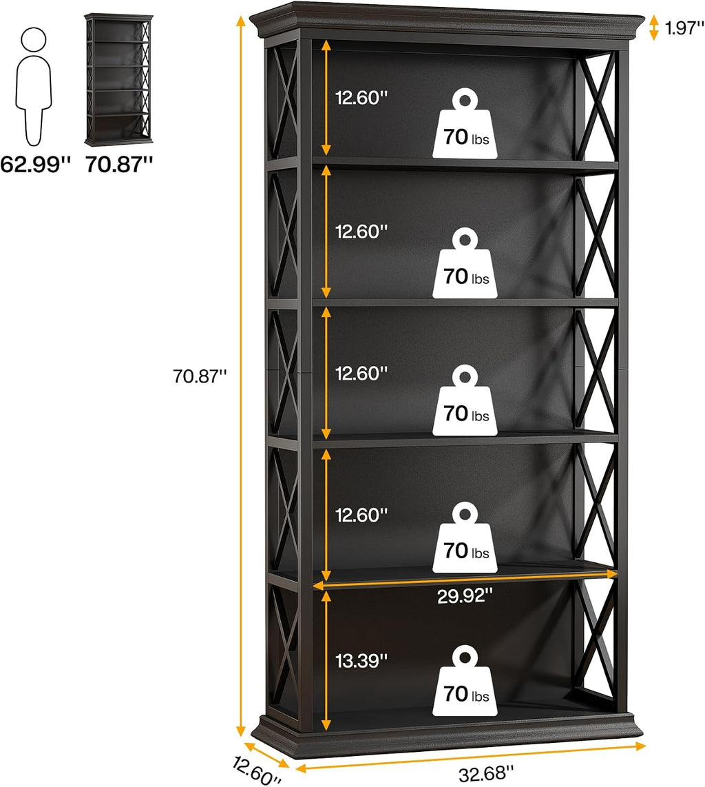 Tribesigns 6-Tier Bookcase, 71 Inches Industrial Bookshelves and Bookcases, Floor Standing 5 Shelf Display Storage Shelves Tall Bookcase for Home Office, Living Room, Bed Room, All Black