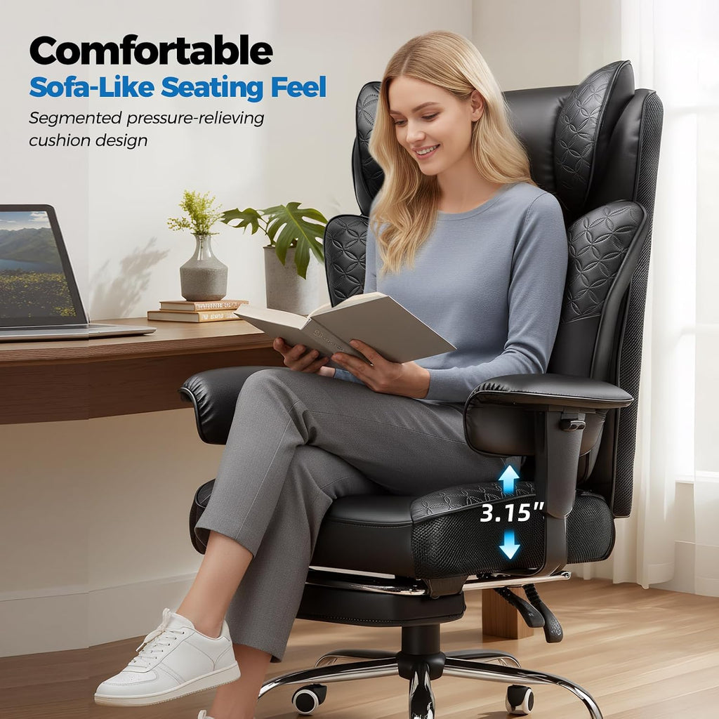 GTPLAYER Big and Tall Office Chair Wide Ergonomic Gaming Chair with Deluxe Embossing Designed Leather with Foot Rest,150°Reclining Adjustable Soft Armrests Pocket Spring Back Support and Pillow