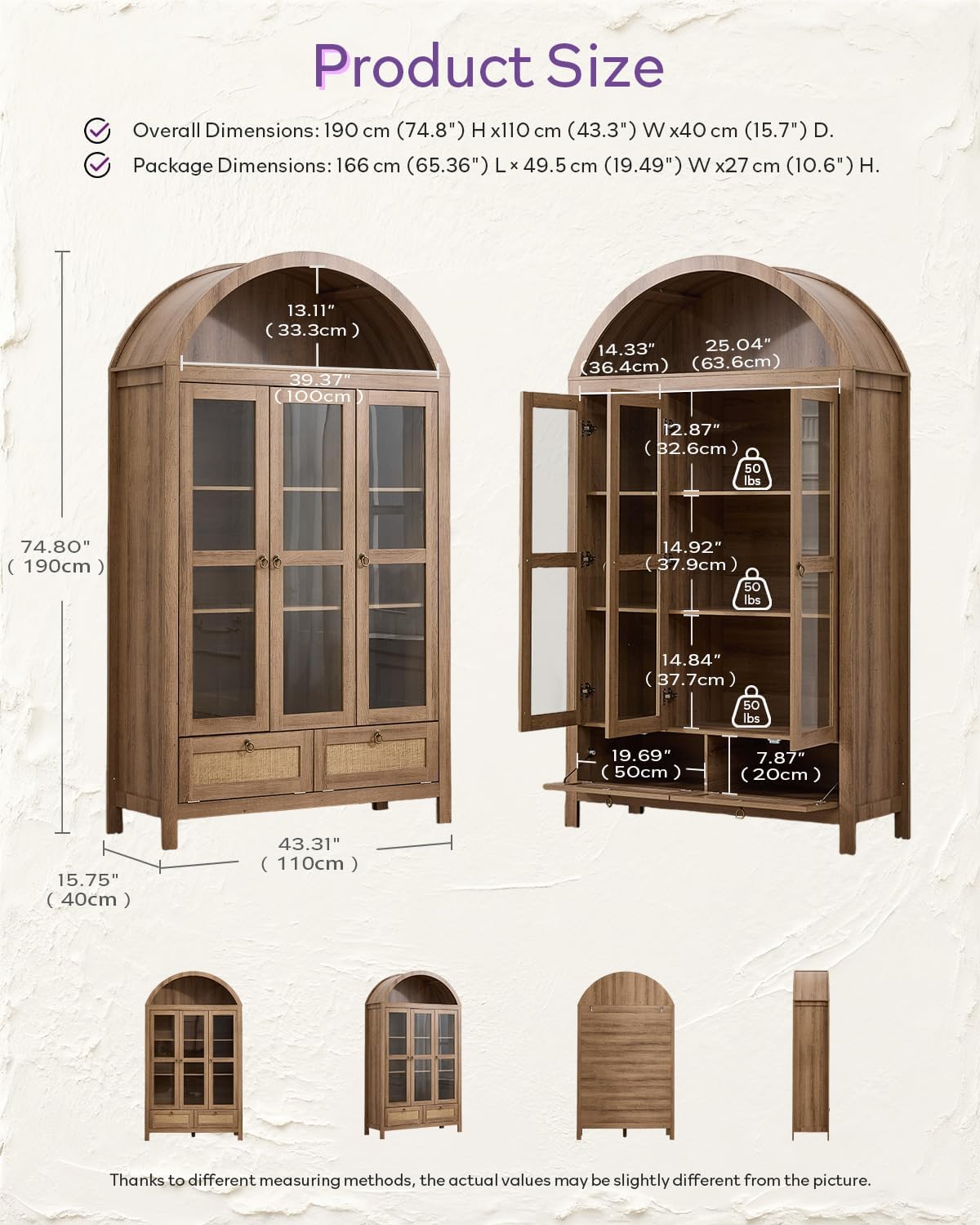 TYBOATLE 75'' Arched Cabinet Classic Farmhouse Design w/Three Glass Doors, Arch Cabinet w/Rattan Drawers and Anti-Tipping Device, Versatile Cupboard for Kitchen, Bathroom, Natural
