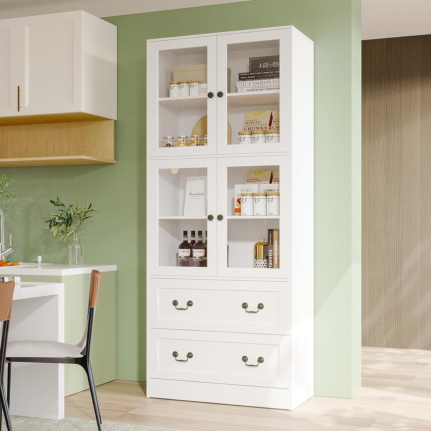 VOWNER 78.7' H Bookcase with Glass Doors, 4-Tier Bookshelves with 2 Drawers, Modern Display Storage Cabinet for Home Office, Living Room, White