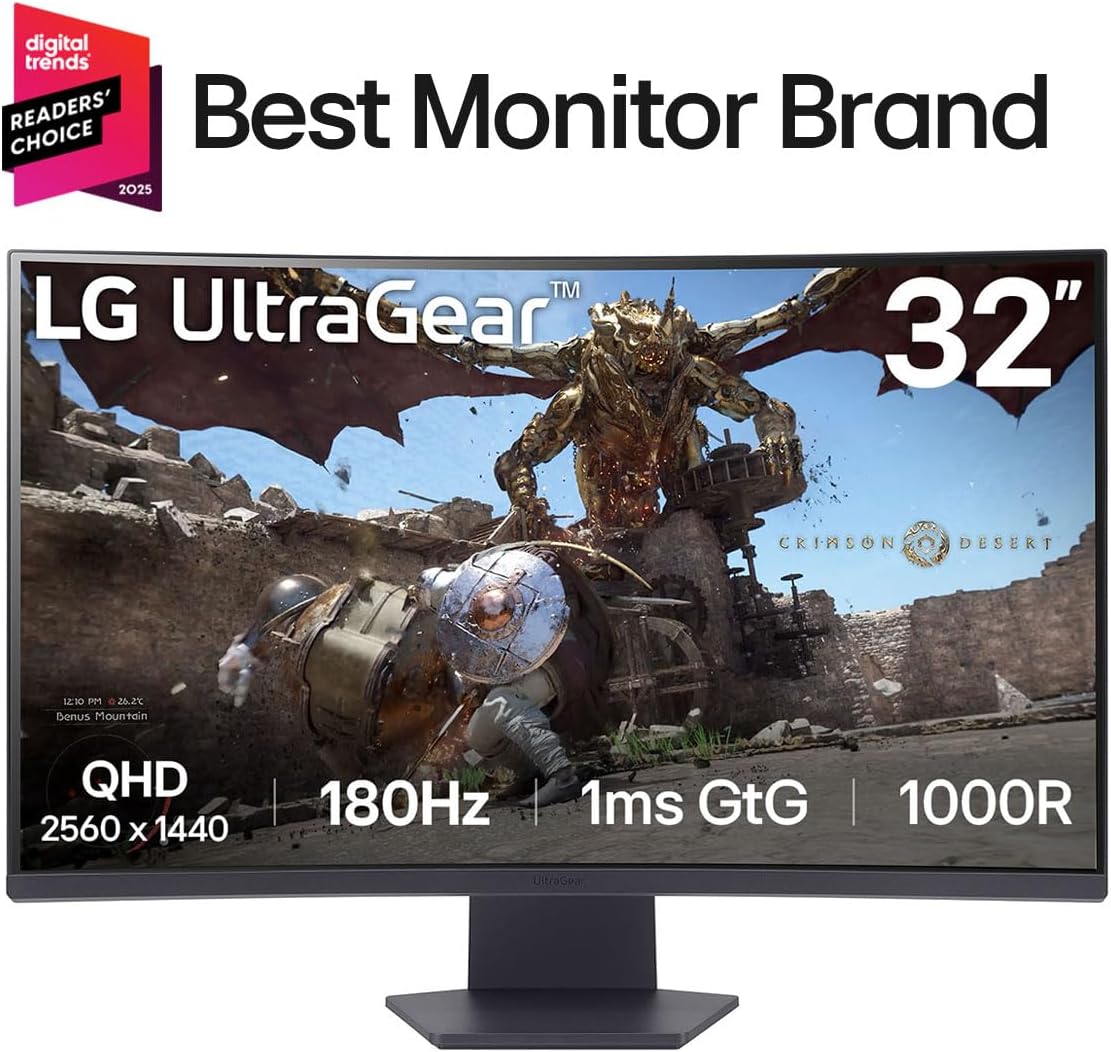 LG 32GS60QC-B Ultragear 32-inch Curved Gaming Monitor QHD (2560x1440) 180Hz 1ms 1000R AMD FreeSync HDR10 HDMIx2 DisplayPort Borderless Design Black Stabilizer DAS Crosshair FPS Counter - Black