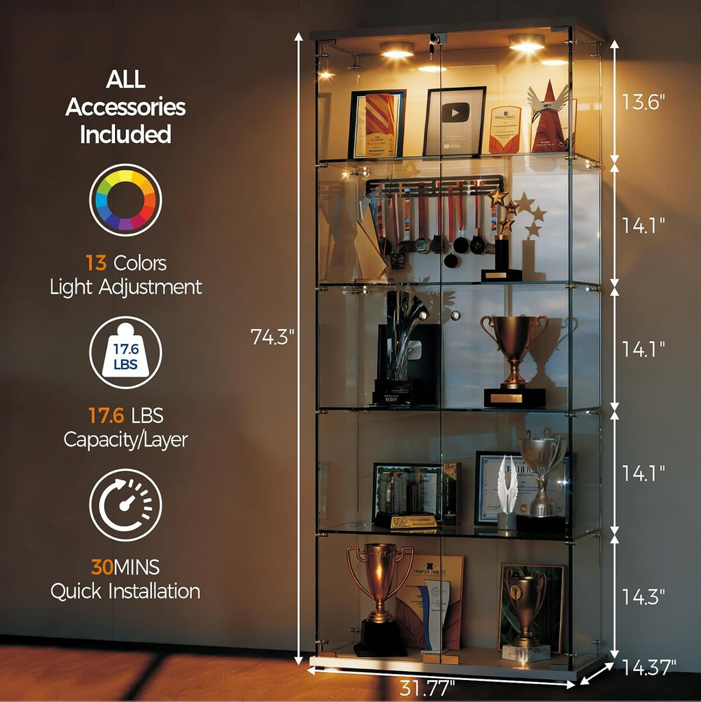 GarveeHome 5 Shelves Display Cabinet, Tempered Glass Curio Showcase with LED Light & Lock, Double Doors Storage Cabinet for Living Room Bedroom Office, White