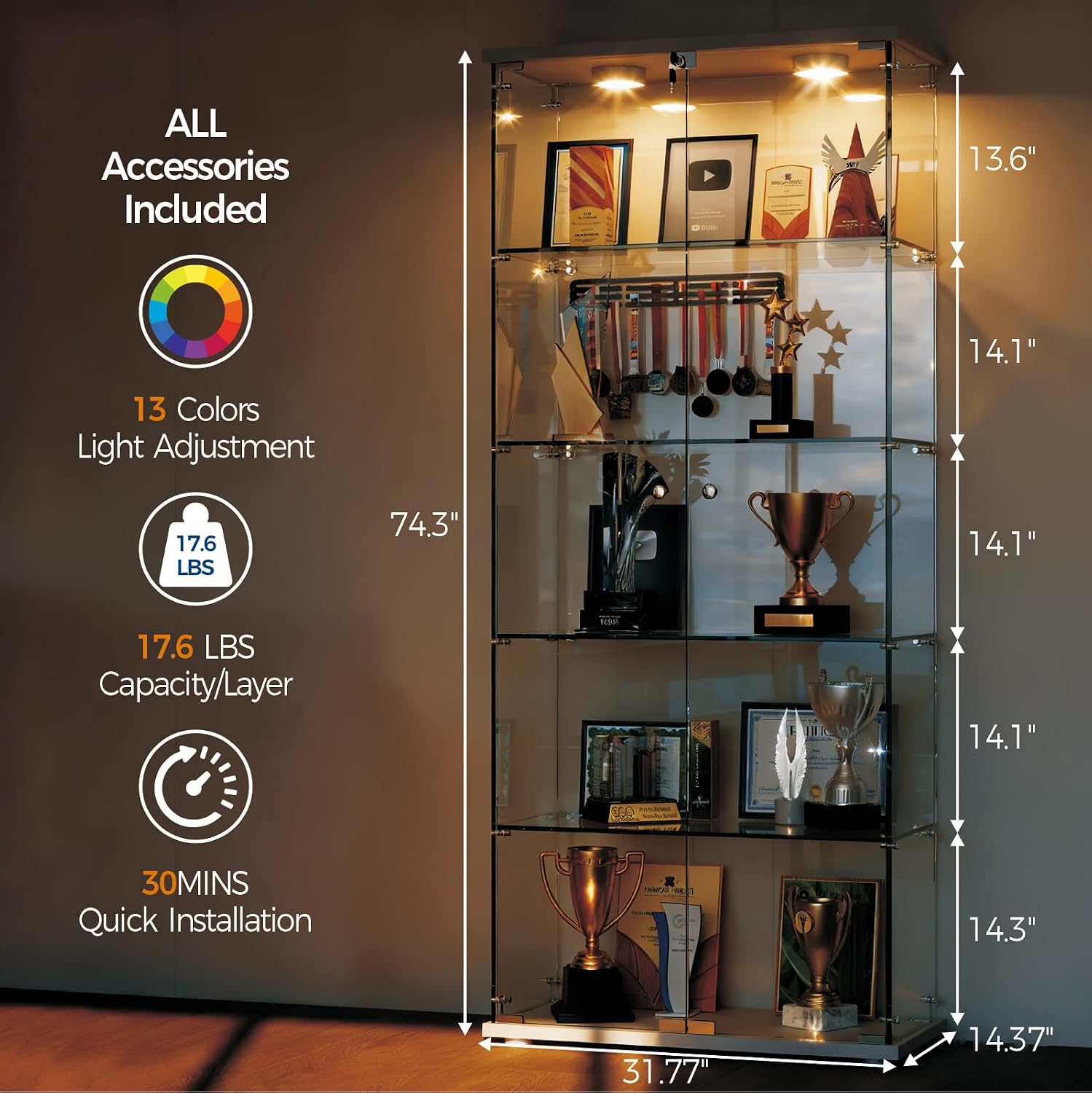 GarveeHome 5 Shelves Display Cabinet, Tempered Glass Curio Showcase with LED Light & Lock, Double Doors Storage Cabinet for Living Room Bedroom Office, White