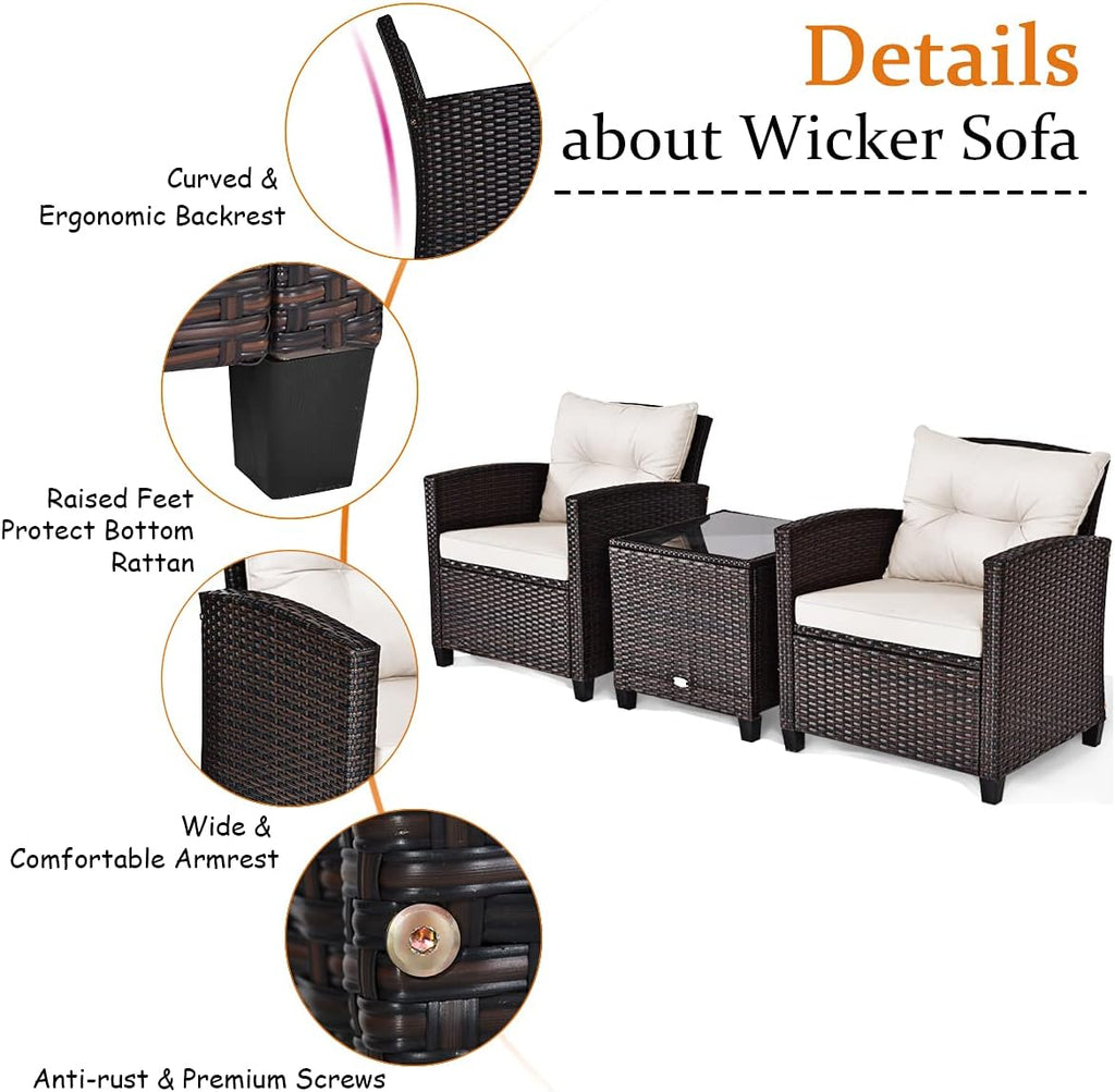 Tangkula 3 Pieces Patio Furniture Set, PE Rattan Wicker 3 Pcs Outdoor Sofa Set w/Washable Cushion and Tempered Glass Tabletop, Conversation Furniture for Garden Poolside Balcony (White)