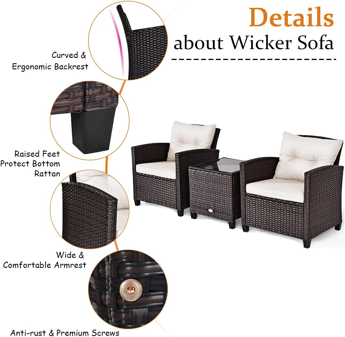 Tangkula 3 Pieces Patio Furniture Set, PE Rattan Wicker 3 Pcs Outdoor Sofa Set w/Washable Cushion and Tempered Glass Tabletop, Conversation Furniture for Garden Poolside Balcony (White)