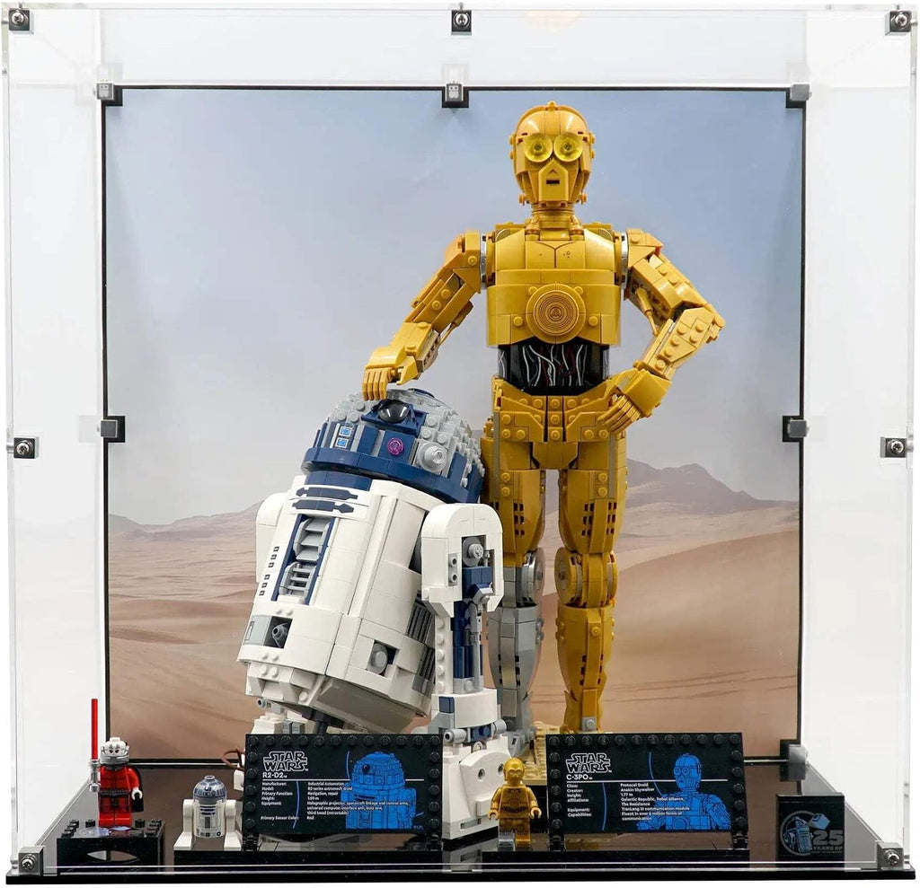 Display Case Compatible with Lego 75398 and 75379 - C-3PO and R2-D2 - Acrylic Dustproof Showcase with Pre-Printed Background - Set Not Included