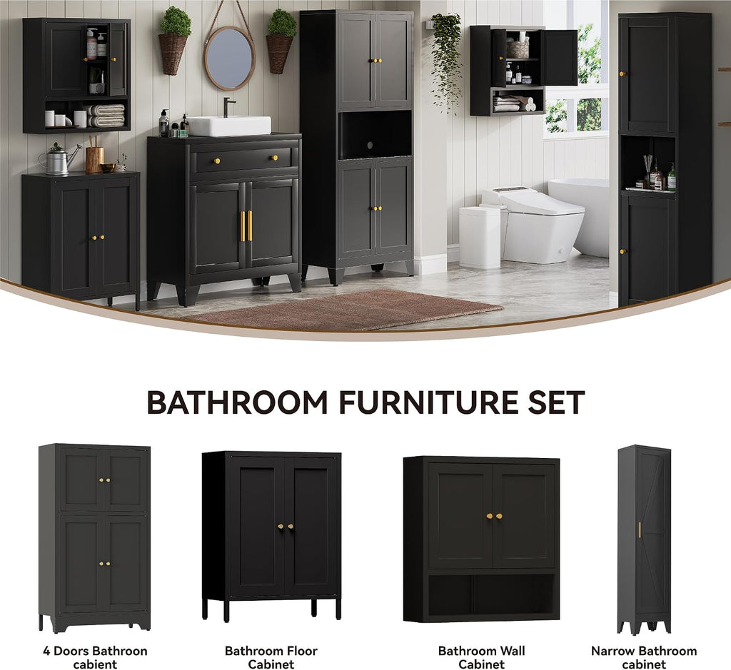 YAUWOH Bathroom Floor Cabinet, Metal Storage Cabinet with 2 Adjustable Shelves & 4 Doors,Freestanding Sideboard for Dining Room,Living Room, Home Office(1PC,Black)