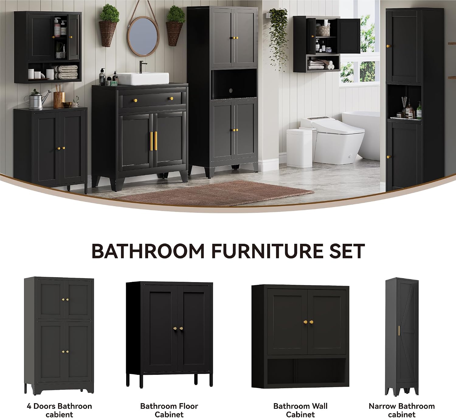 YAUWOH Bathroom Floor Cabinet, Metal Storage Cabinet with 2 Adjustable Shelves & 4 Doors,Freestanding Sideboard for Dining Room,Living Room, Home Office(1PC,Black)