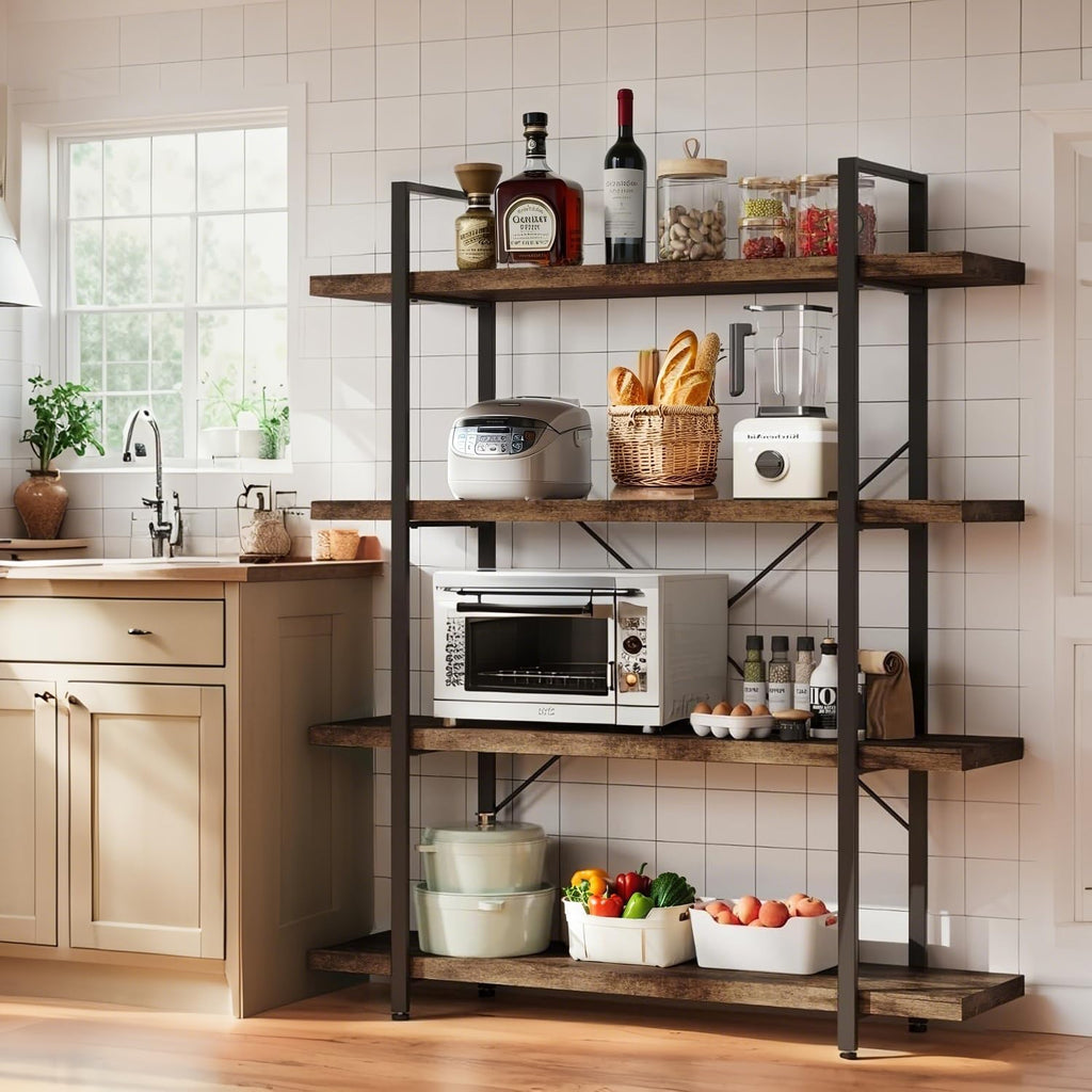 4 Tier Book Shelf, 47'' Wide Wood Industrial Bookshelf, 120lbs Shelf Capacity, Open Storage Shelves, 55'' Tall Heavy Duty Display Shelving, Rustic Brown Bookcase for Bedroom,Living Room,Office -2Pcs