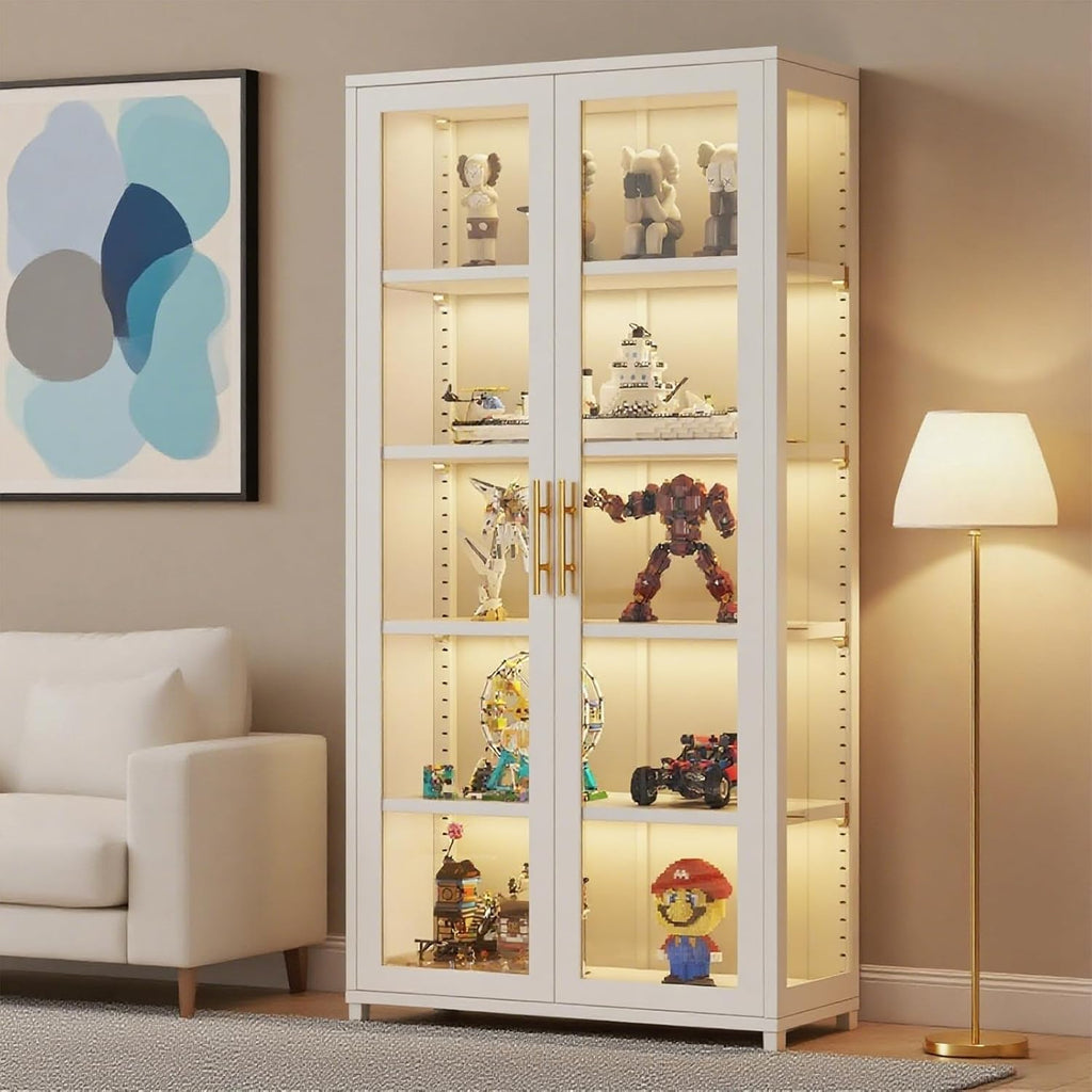 Glass Display Cabinet, 5-Tier Curio Cabinet with Glass Doors, Metal Display Case with Adjustable Shelves, Display Cabinet for Collectibles & Toy Organizer for Home, Office, Playroom, Living Room