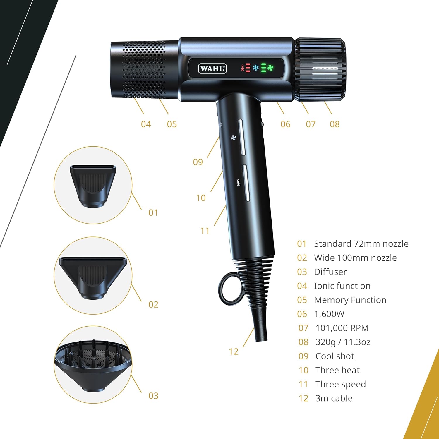 Wahl Professional Vanquish Hair Dryer, Controlled Airflow, SmoothTone Motor, 4 Heat & 3 Speed Settings, Auto-Clean Function, Lightweight, Slim Design