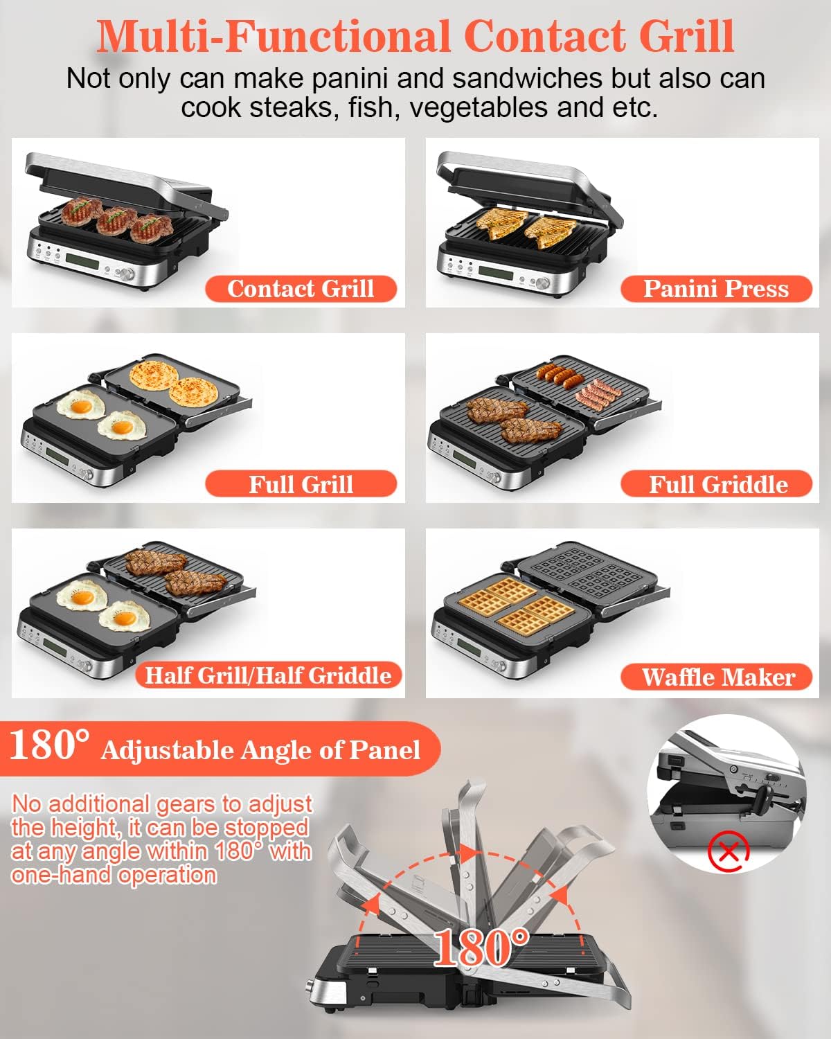 CATTLEMAN Panini Press Grill Sandwich Maker with Removable Plates, 1600W, 6 in 1 Indoor Grill with Meat Thermometer, Electric Contact Grills for Kitchen, Stainless Steel