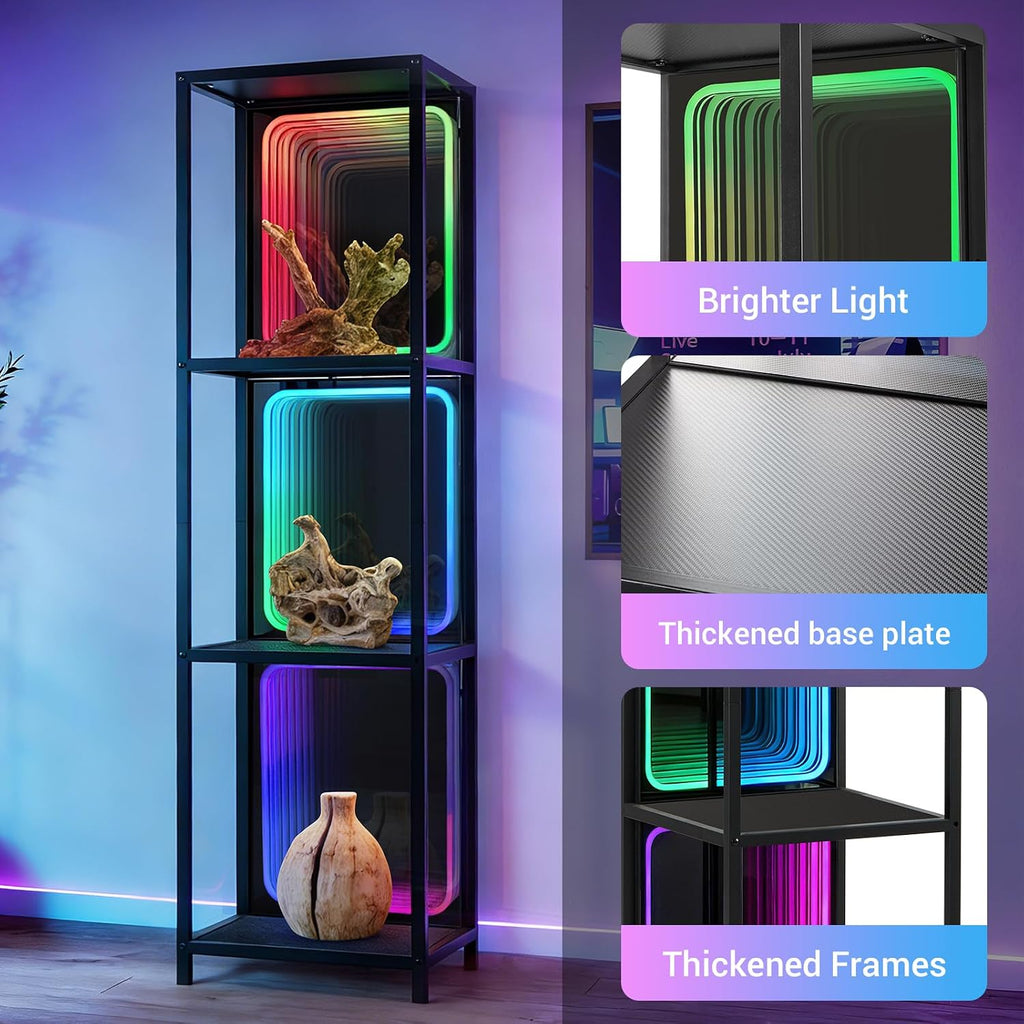 FUSLITE 3 Tier Storage Cabinet with LED Infinity Mirror Light, RGBW Display Cabinet with Adjustable Color Temp for Bedroom Office Gaming Room Decor,Action Figures, Collectibles, Black