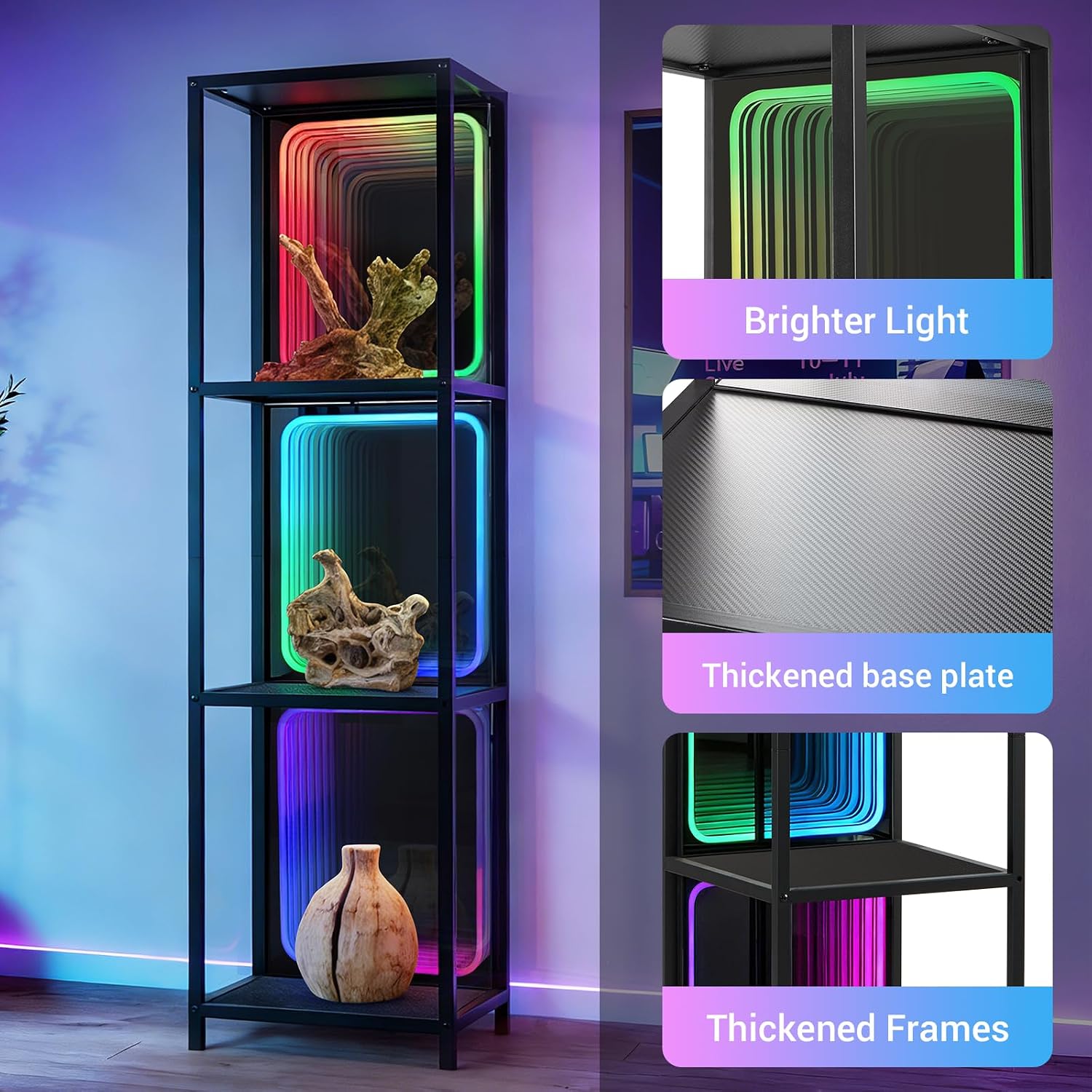 FUSLITE 3 Tier Storage Cabinet with LED Infinity Mirror Light, RGBW Display Cabinet with Adjustable Color Temp for Bedroom Office Gaming Room Decor,Action Figures, Collectibles, Black