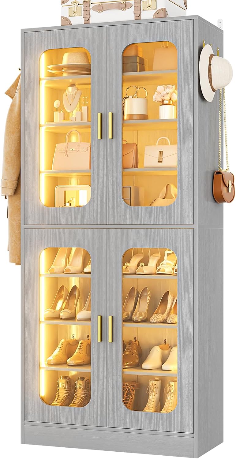Cyclysio 67' Display Cabinet with PC Doors & LED Lighting - 8-Tier Storage Cabinet with 330lb Capacity & Adjustable Shelves for Entryway, Bedroom (Grey, Set of 1)