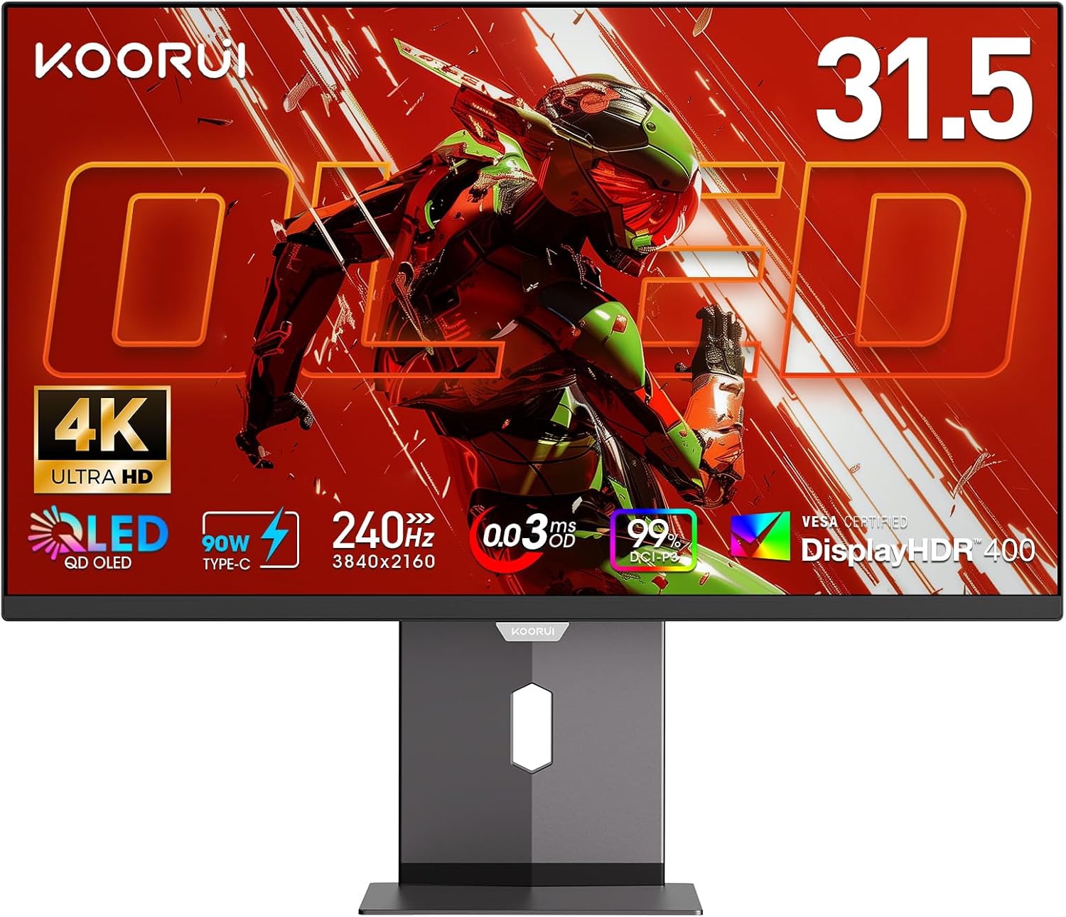 KOORUI 32 Inch 4K OLED Gaming Monitor, UHD 3840x2160, 240Hz 0.03ms Computer Monitors, HDR True Black 400, 99% DCI-P3, AdaptiveSync, DP&HDMI, Tilt/Pivot/Swivel/Height Adjustable, USB Type-C, S3241XO