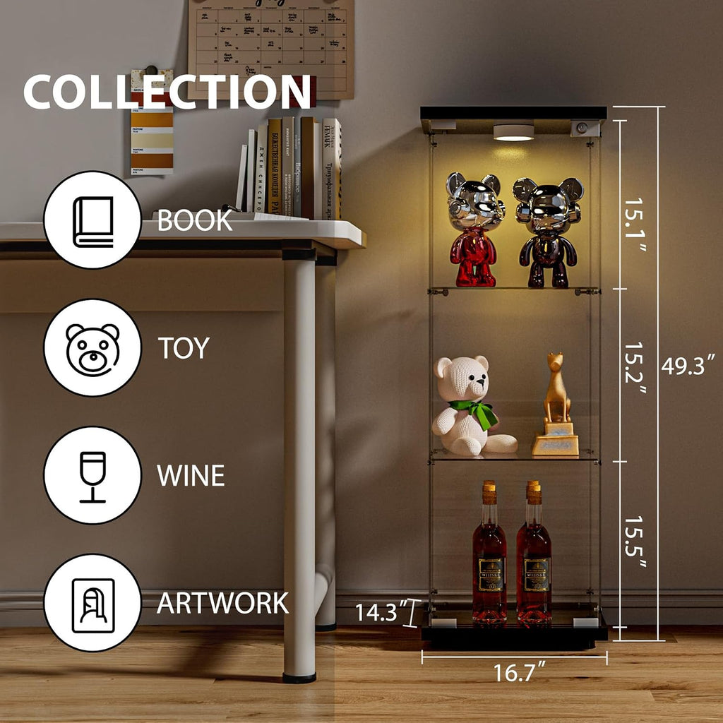 FANYUSHOW 3-Shelf Glass Display Cabinet with LED Light, Upgraded Quick-Install Style Curio Cabinets 5mm Tempered Glass Bookshelf for Bedroom, Living Room 49.1'x 16.7'x 14.3' Black