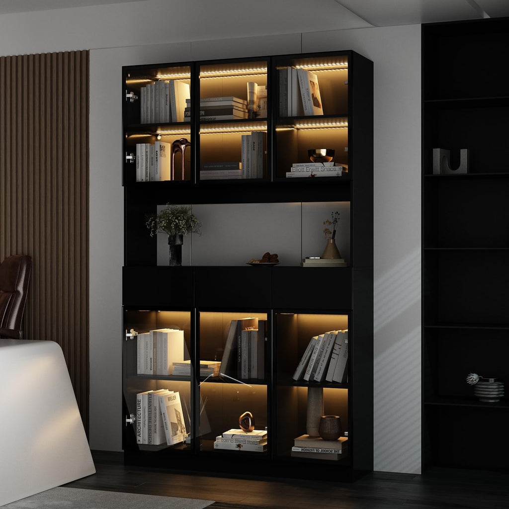 Curio Display Cabinet with Light, Storage Shelves with Pop-up Glass Doors, 3 Drawers & 3 Color Light, Collectibles Cabinet Display Shelf, Bookshelf Showcase for Living Room, Black w/Hutch