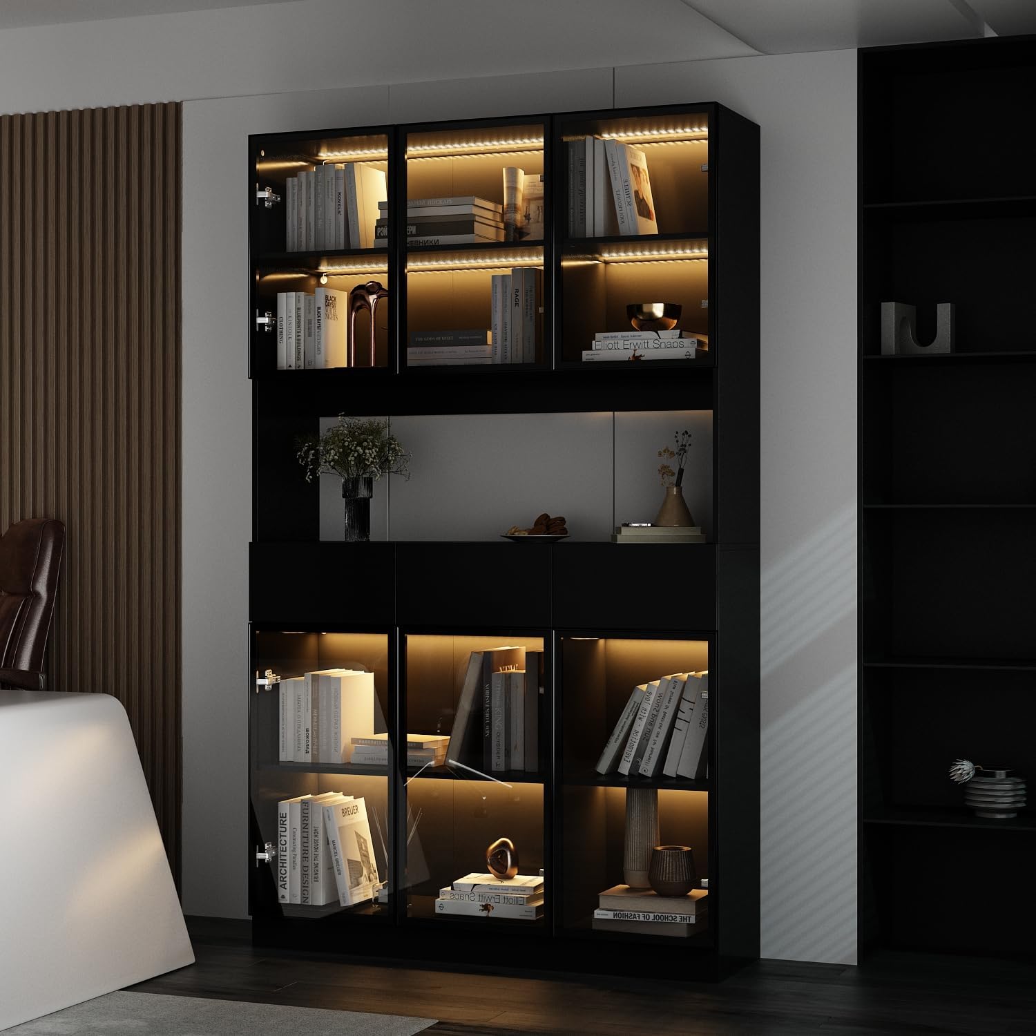 Curio Display Cabinet with Light, Storage Shelves with Pop-up Glass Doors, 3 Drawers & 3 Color Light, Collectibles Cabinet Display Shelf, Bookshelf Showcase for Living Room, Black w/Hutch
