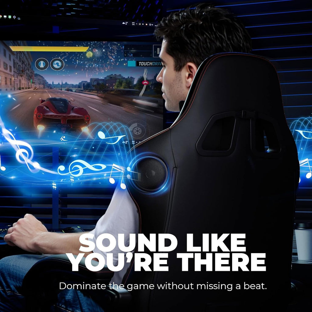 GTPLAYER ACE-PRO Music Gaming Chairs – Built-in Speakers, App Support & Bluetooth Control, Computer Game Chairs with Footrest for Adults, Ergonomic, Reclining, Linkage Armrest, Black & Red Stitch