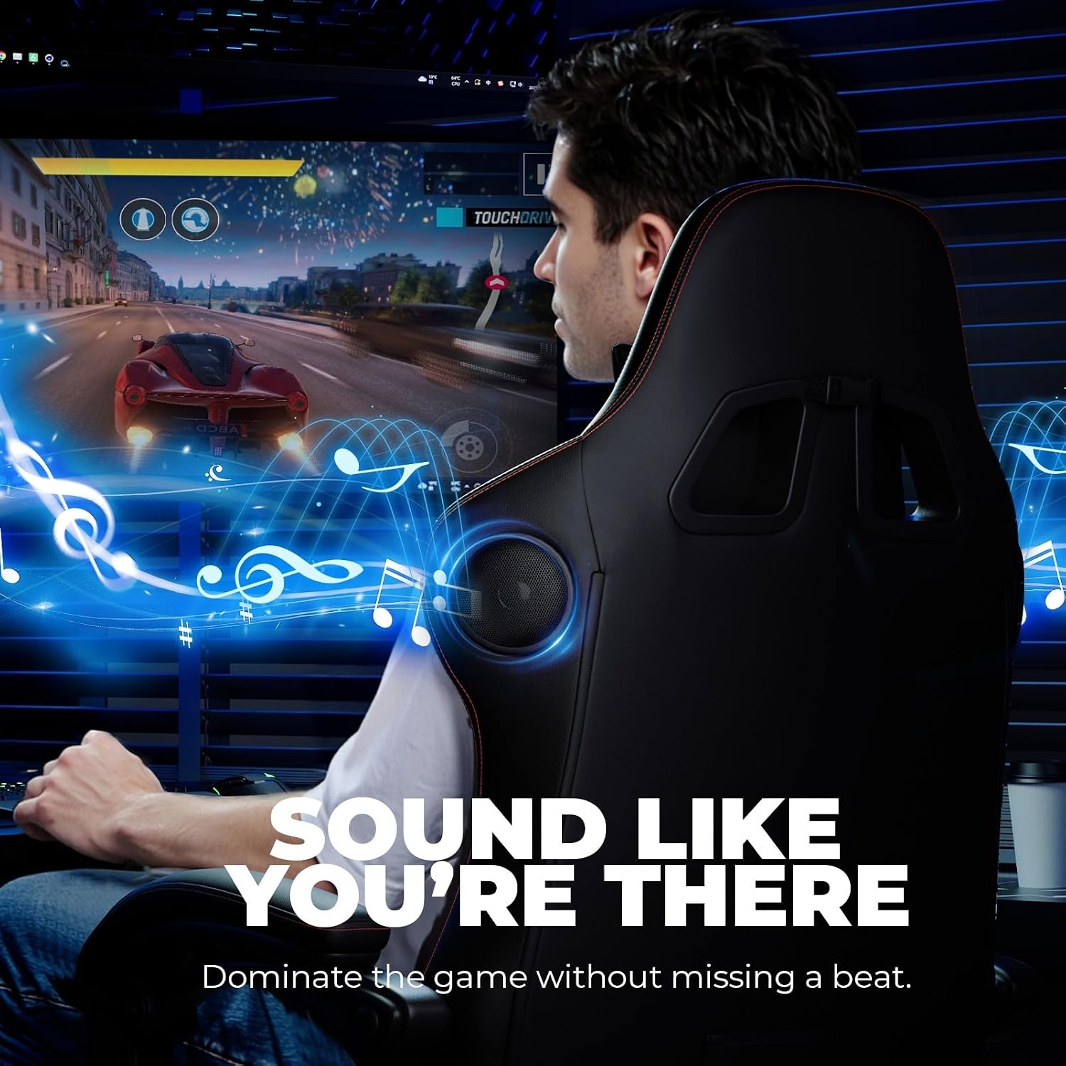 GTPLAYER ACE-PRO Music Gaming Chairs – Built-in Speakers, App Support & Bluetooth Control, Computer Game Chairs with Footrest for Adults, Ergonomic, Reclining, Linkage Armrest, Black & Red Stitch