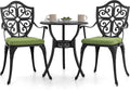 NUU GARDEN Outdoor 3-Piece Bistro Set with Cushions, Round 24 Inch Cast Aluminum Bistro Table with 2.17' Umbrella Hole, 2 Cast Aluminum Bistro Chairs, for Patio, Garden, Backyard and Balcony, Black