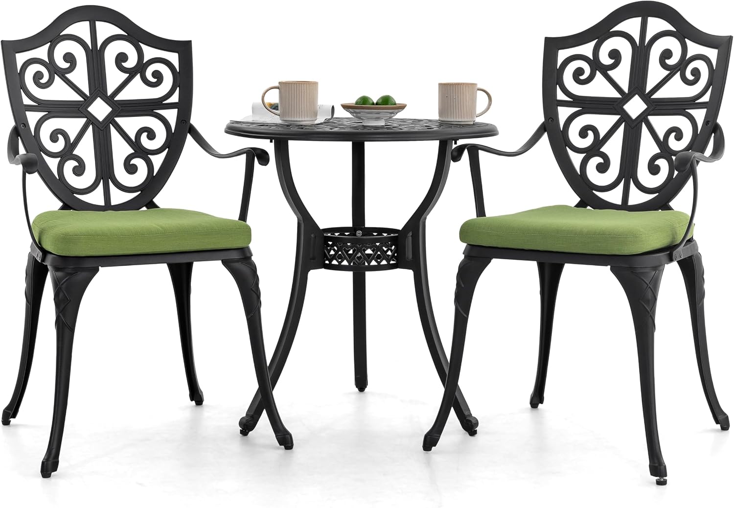 NUU GARDEN Outdoor 3-Piece Bistro Set with Cushions, Round 24 Inch Cast Aluminum Bistro Table with 2.17' Umbrella Hole, 2 Cast Aluminum Bistro Chairs, for Patio, Garden, Backyard and Balcony, Black