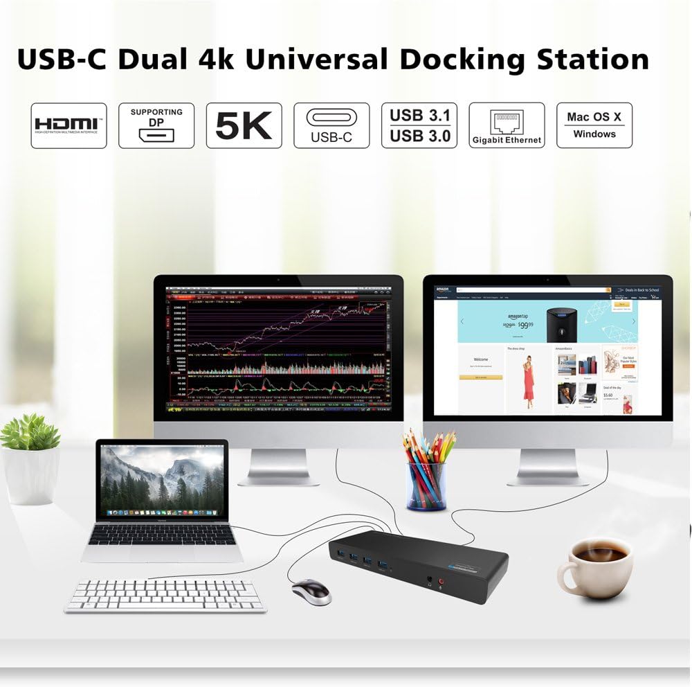 DisplayLink Universal Docking Station,WAVLINK 15-in-1 USB C Ultra 5K Dual 4K HD Multiple Display Dock with 2xHDMI/DP,Gigabit Ethernet,6xUSB 3.0,Type C,Audio,Mic,for New MacBook Neo,Windows,Mac