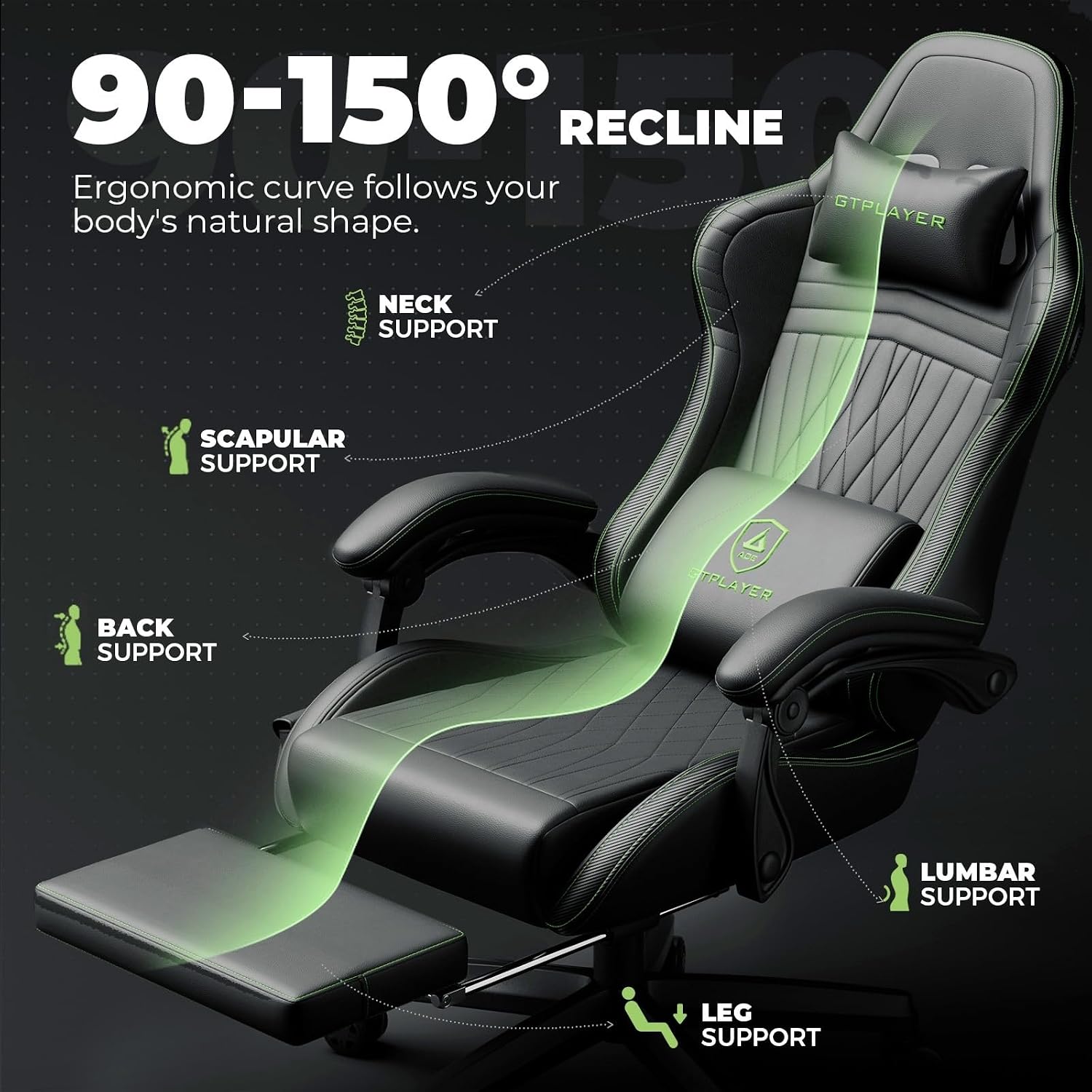 GTPLAYER ACE-PRO Music Gaming Chairs – Built-in Speakers, App Support & Bluetooth Control, Computer Game Chairs with Footrest for Adults, Ergonomic, Reclining, Linkage Armrest, Black & Green Stitch