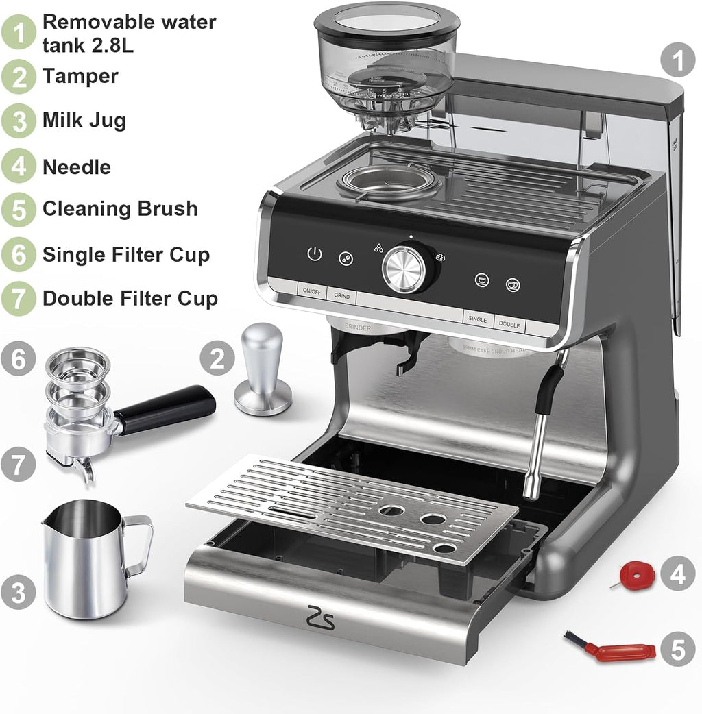 Semi-Automatic Espresso Machine, 20 Bar Professional Coffee Maker with Grinder, 1450W Fast Heating, 30 Grind Settings, Milk Frother Steam Wand, 2.8L Water Tank, Home & Kitchen Espresso Machines, Silve
