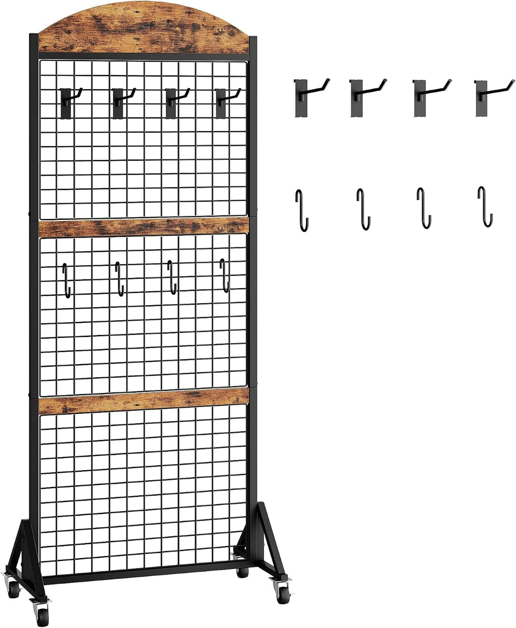 CHOEZON Grid Wall Panel 5.7' x 2' FT Grid Display Rack, 2 Pack Movable Gridwall Display Stand with 8 S-Shaped Hooks and 8 Garment Hooks, Floorstanding Wire Grid Rack, Rustic Brown and Black TCJ17P2BF