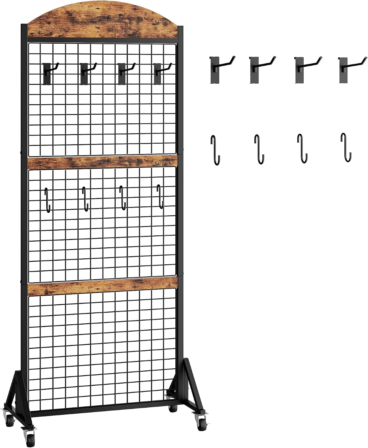 CHOEZON Grid Wall Panel 5.7' x 2' FT Grid Display Rack, 2 Pack Movable Gridwall Display Stand with 8 S-Shaped Hooks and 8 Garment Hooks, Floorstanding Wire Grid Rack, Rustic Brown and Black TCJ17P2BF