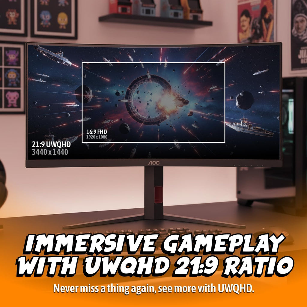 AOC CU34G4Z 34' Curved Ultrawide Gaming Monitor, UWQHD 3440 x1440 1500R 21:9, 240Hz 0.3ms MPRT, HDR 400, Display Port, HDMI, USB 3.2, AMD FreeSync Premium, Height Adjustable, 3-Year Zero-Bright-dot