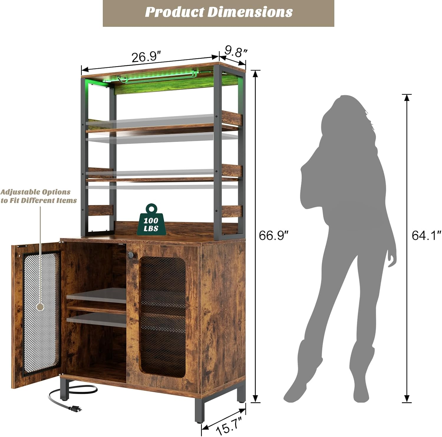 Aheaplus Bar Cabinet with Power Outlets, 67' Tall Wine Bar Liquor Cabinet with LED Lights & Glass Holder, Coffee Bars Station for Living Room, Microwave Stand Bakers Rack Cabinets, Rustic Brown