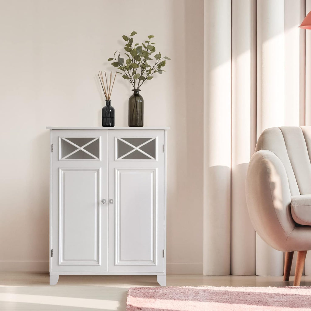 Teamson Home Dawson Wooden Freestanding Floor Cabinet with 1 Fixed 1 Adjustable Shelves 3 Storage Spaces 2 Glass Paneled Doors and 2 Clear Knobs, White
