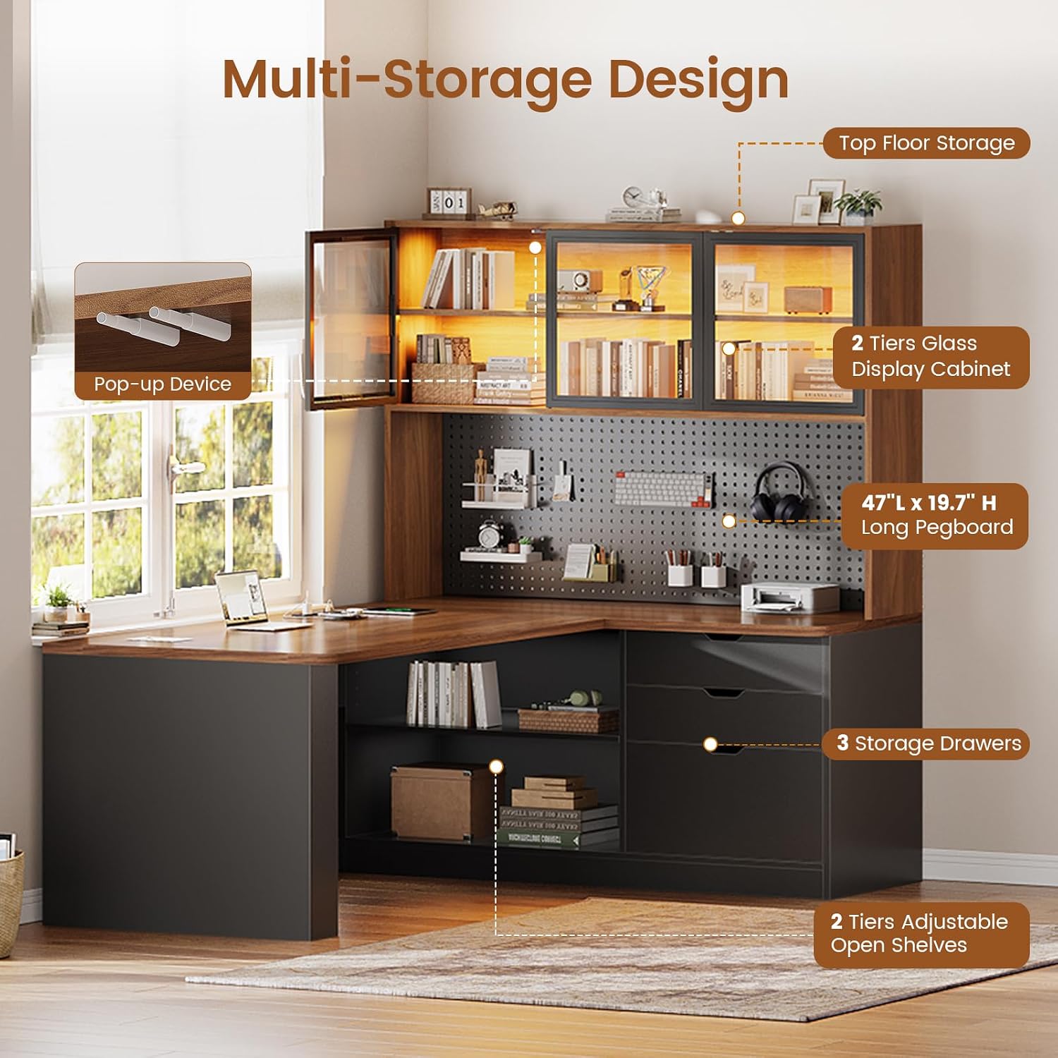 SEDETA L Shaped Office Desk, Computer Desk with 3 Wood Drawer and Large Bookshelf, L Shaped Corner Gaming Desk with LED Light, Display Cabinet and Pegboard, 27.5' W Large Desktop Table, Brown