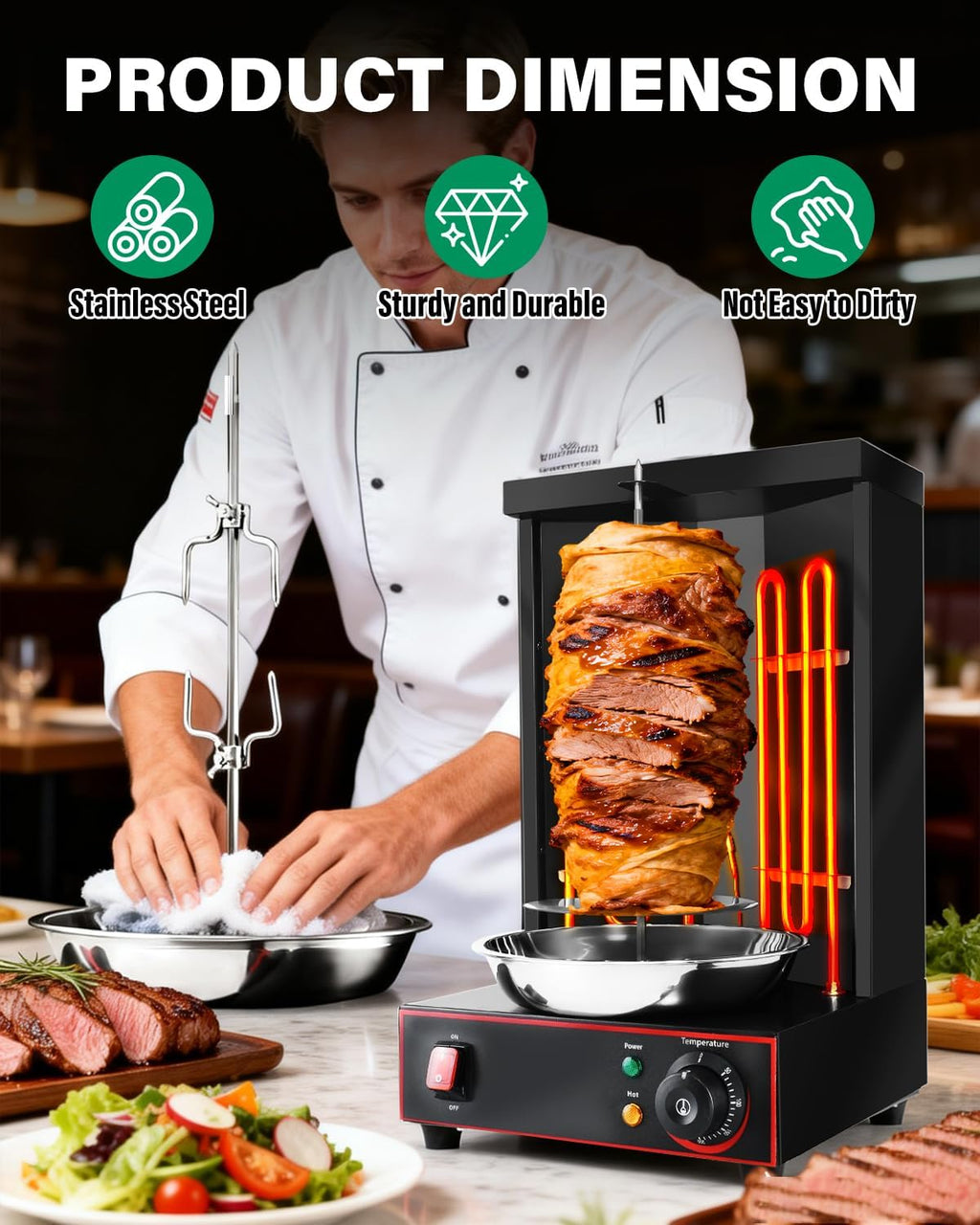 Electric Shawarma Grill Machine Countertop Rotisserie Turkey Maker Vertical Barbecue Oven with Temperature Control for Commercial/Household 122℉-572℉ 110V Black