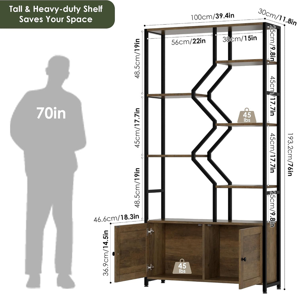 76' Tall Shelf with Storage Cabinet Doors, 6 Tier Open Bookshelf for Multi-use Display, Staggered Book Shelf Etagere Bookcase for Home Office/Living Room, Deep Metal & Wood Accent Shelf, Rustic Brown