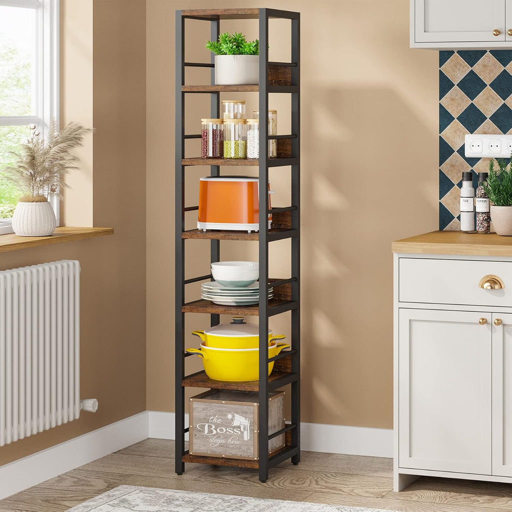 Tribesigns 6-Tier Corner Shelf, 75 Inch Tall Narrow Bookshelf Storage Rack, Etagere Shelves Display Stand for Small Spaces, Rustic Open Bookcase Square Shelf Tower for Living Room Bathroom