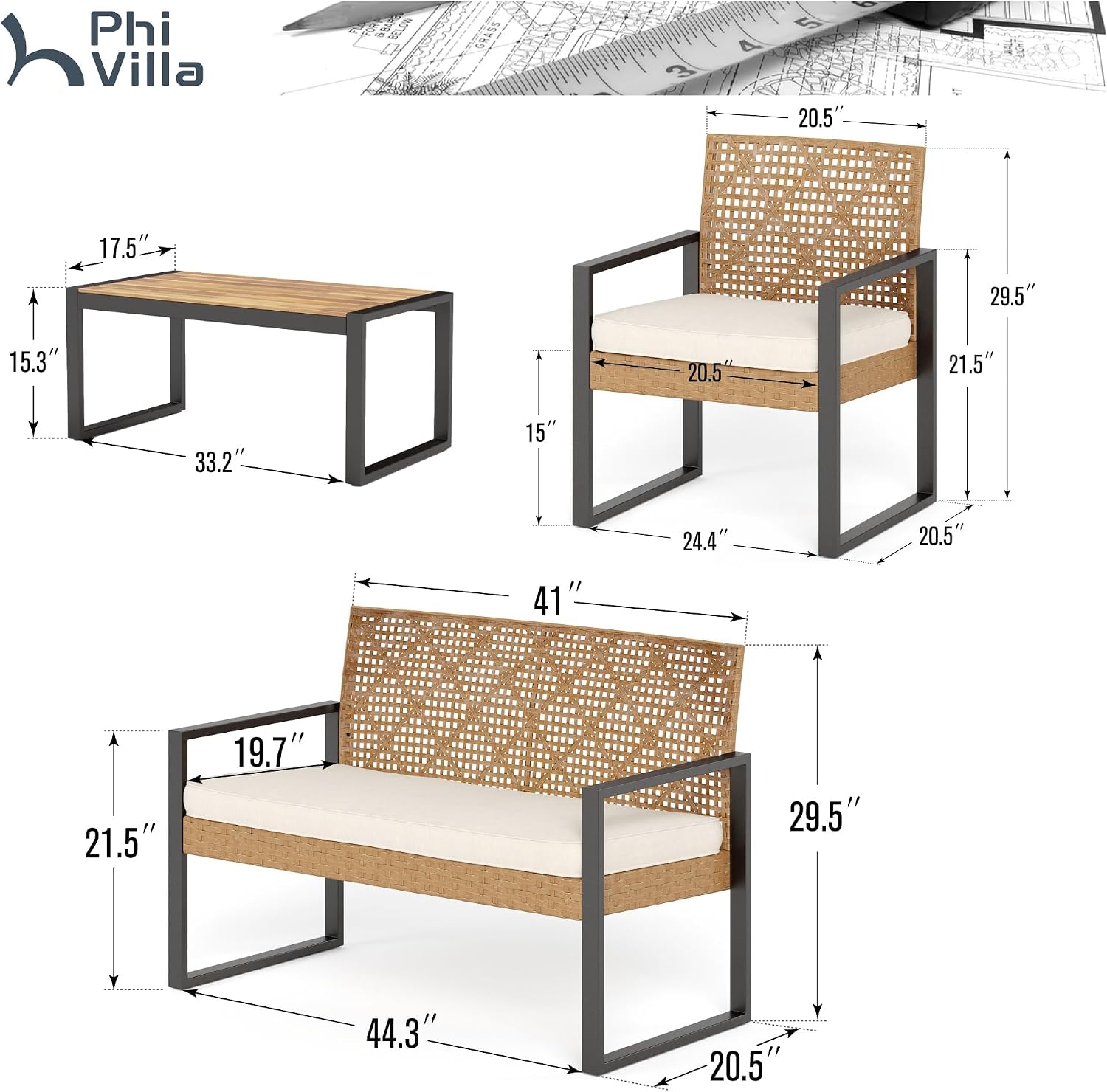 PHI VILLA Wicker Patio Furniture Set for 4, Rattan Small Patio Loveseat and Chairs with Acacia Wood Coffee Table, Outdoor Conversation Set with Cushion, Front Porch Furniture for Deck, Yard, Garden