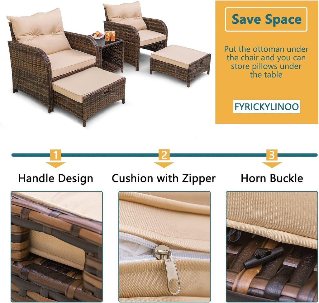 5 Pieces Patio Chairs Set with Ottomans, All Weather PE Rattan, Outdoor Conversation Furniture with Table, Beige